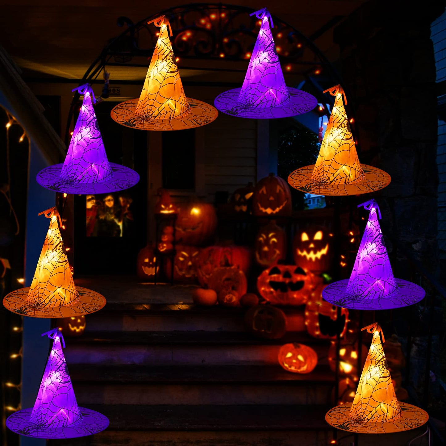 Battery Operated Halloween Lights Witch Hat Decoration,8 Pack Orange and Purple Hanging Lighted Hats with 56 LED Warm White Lights with Remote, Floating Witch Hat Light for Indoor Outdoor Decoration