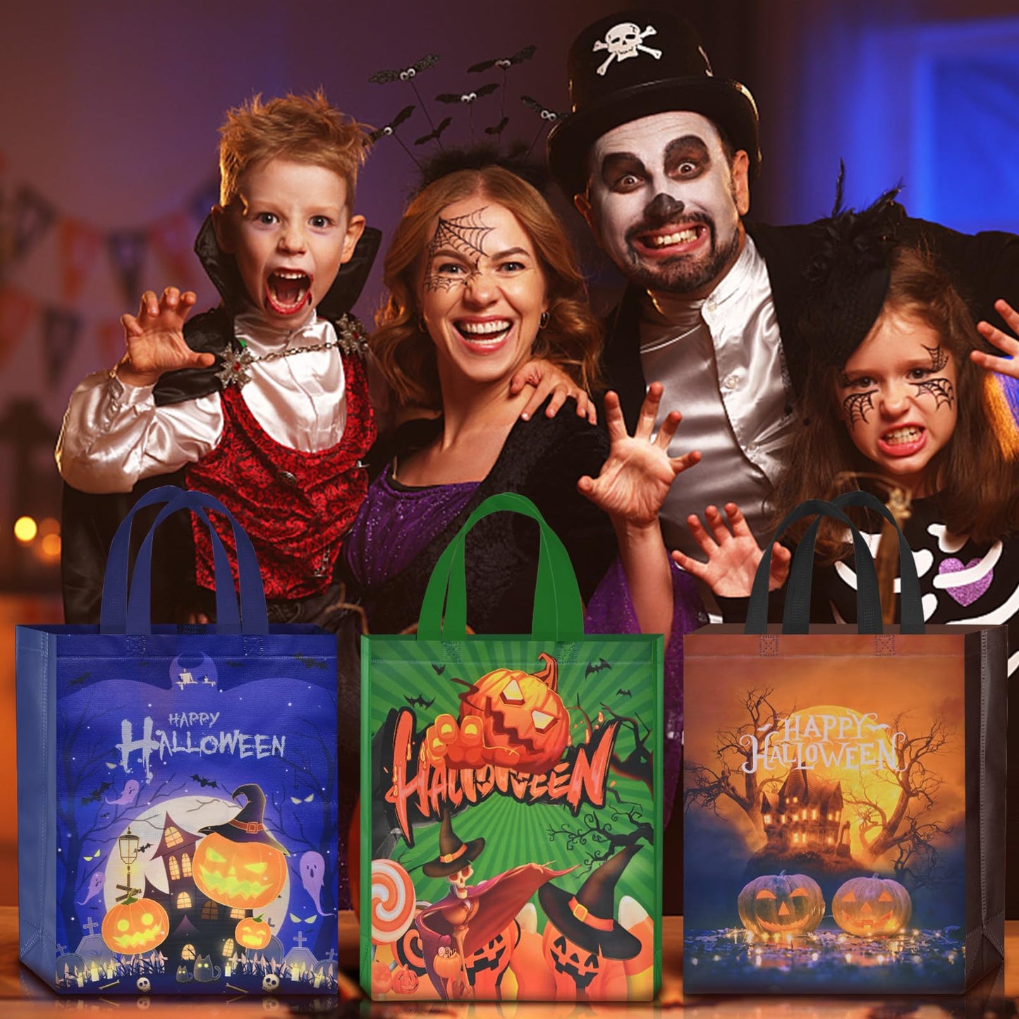 AhfuLife 6 Pcs Halloween Trick or Treat Bags, Large Candy Tote Bags with Handles, Reusable Non-Woven Gift Bag for Halloween Party Supplies Favors (15×11.8×3.9’’)