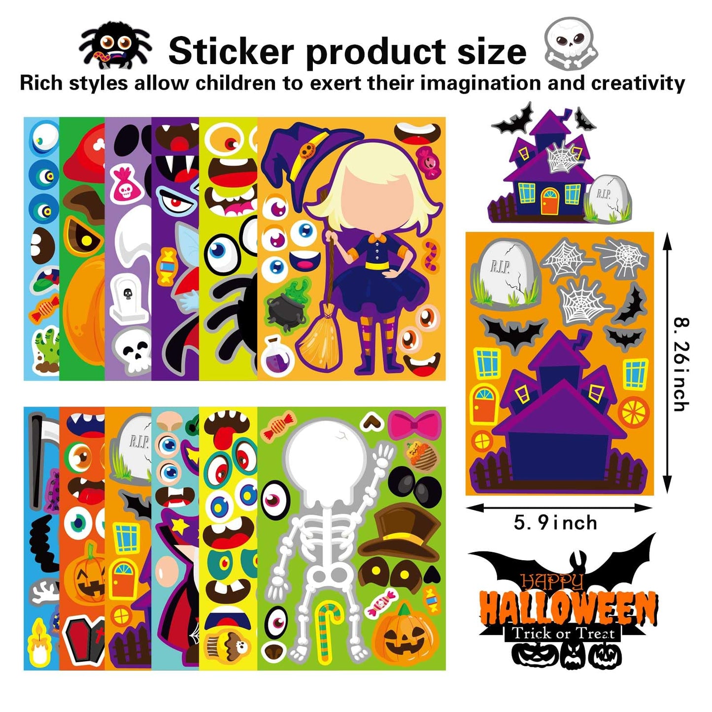 48 PCS Halloween Make-a-face Stickers Halloween Characters Stickers for Kids Make Your Own Mix and Match Sticker DIY Crafts Decorating Toy Sticker Trick or Treat Party Game Activities