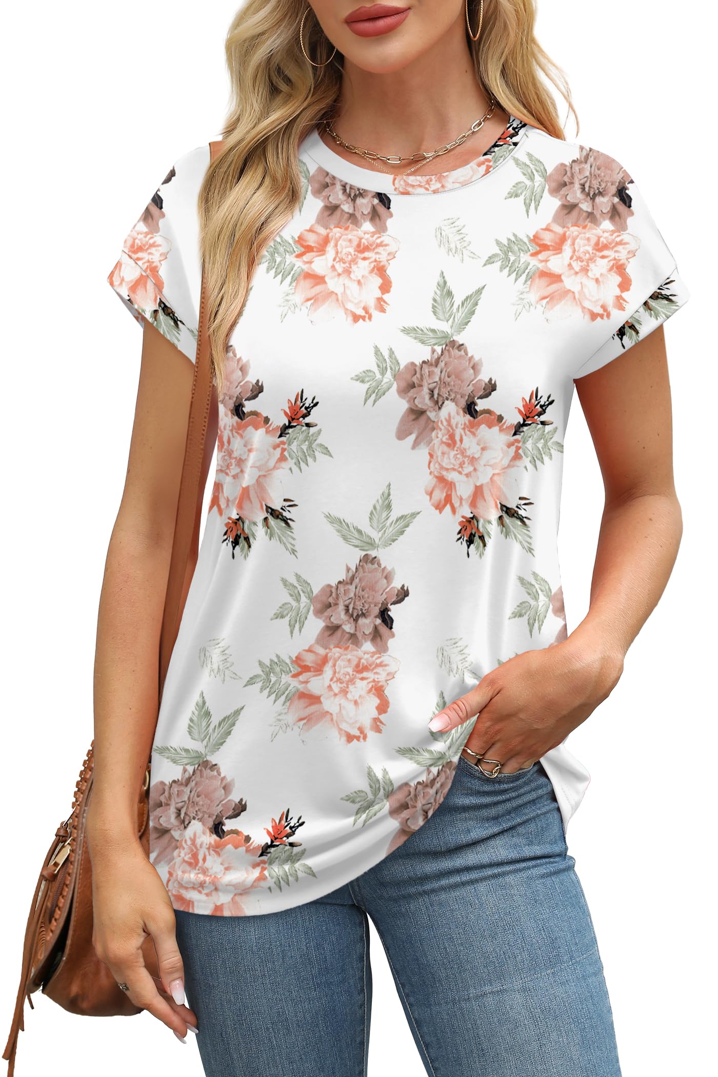 Alaroo Womens Spring Tops Casual Crew Neck Shirts Short Sleeve Tunic Basic Tees Print 02 L