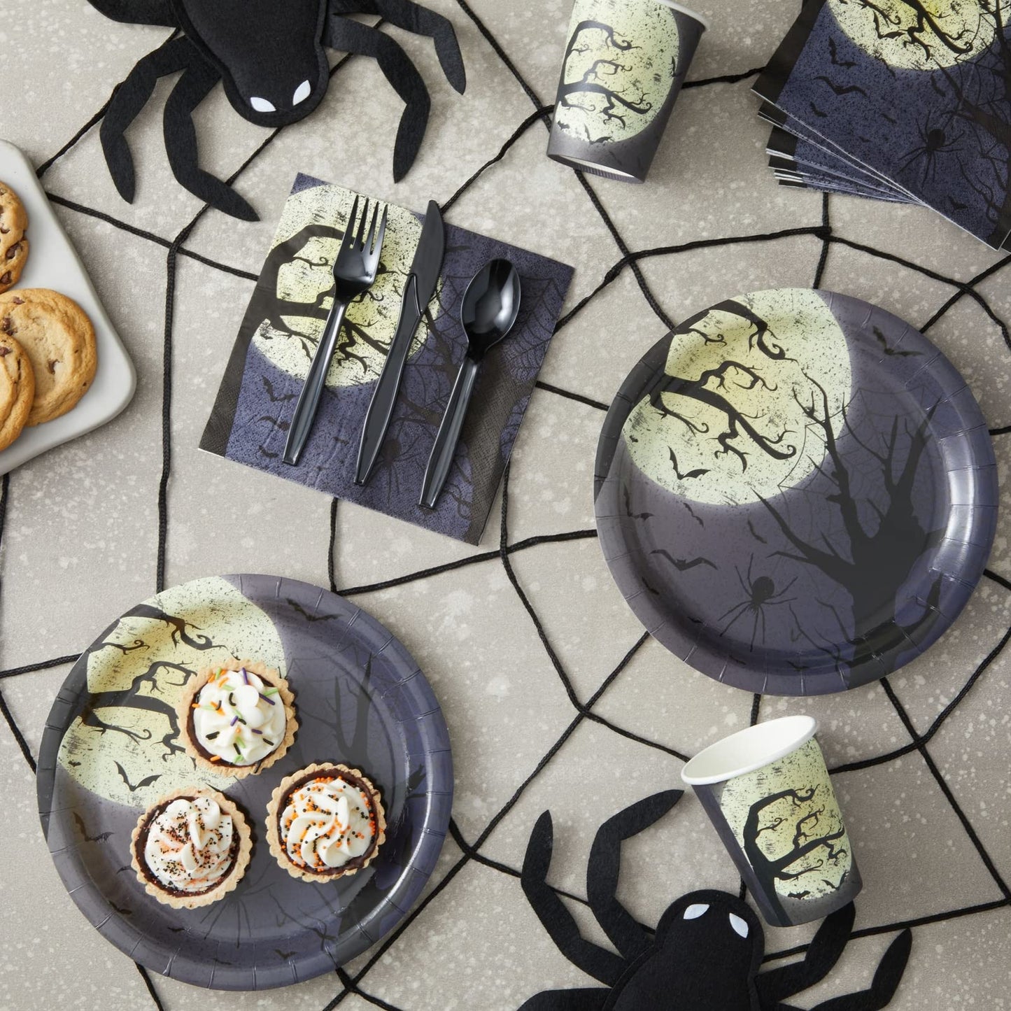BLUE PANDA 144 Piece Halloween Dinnerware Set, Full Moon Night Sky Halloween Party Plates and Cups and Napkins Set for Spooky Gatherings and Witch Theme Parties (Serves 24)