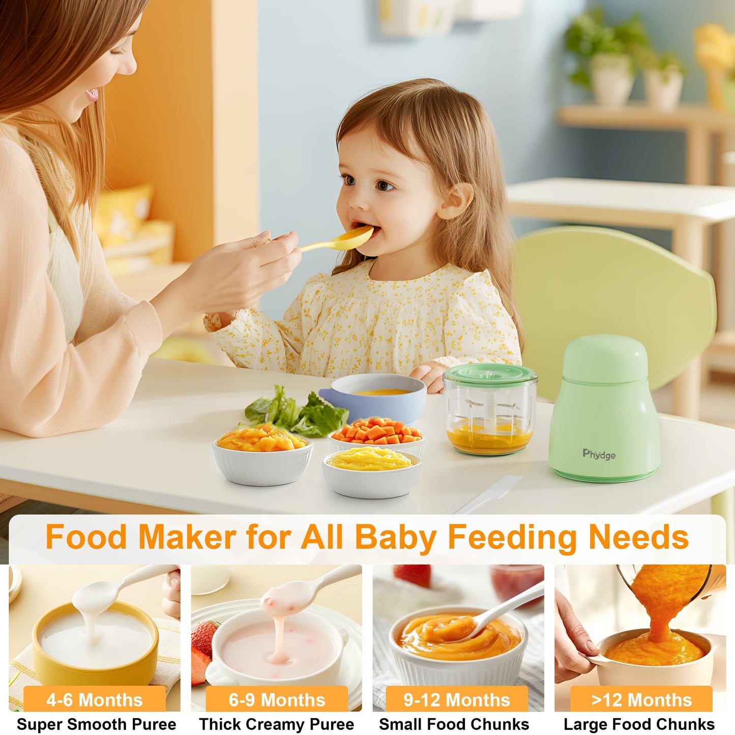 Baby Food Maker-Upgrade, Phydge Baby Food Blender with Baby Food Containers, Silicone Spoons, Easy to Clean, 10oz Baby Food Processor for Fruit, Vegetable, Meat