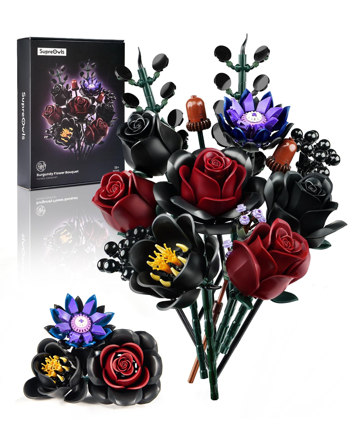 iATOM Halloween Black Burgundy Red Rose Bouquet Building Set, Compatible with Lego Flowers for Adults - Gothic Botanical Collection - Artificial Flowers Home Table Centerpieces Decor - IA1015