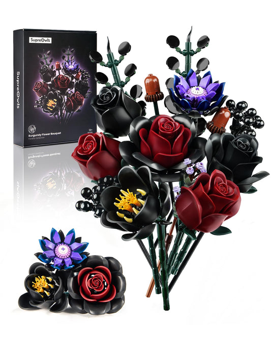 iATOM Halloween Black Burgundy Red Rose Bouquet Building Set, Compatible with Lego Flowers for Adults - Gothic Botanical Collection - Artificial Flowers Home Table Centerpieces Decor - IA1015