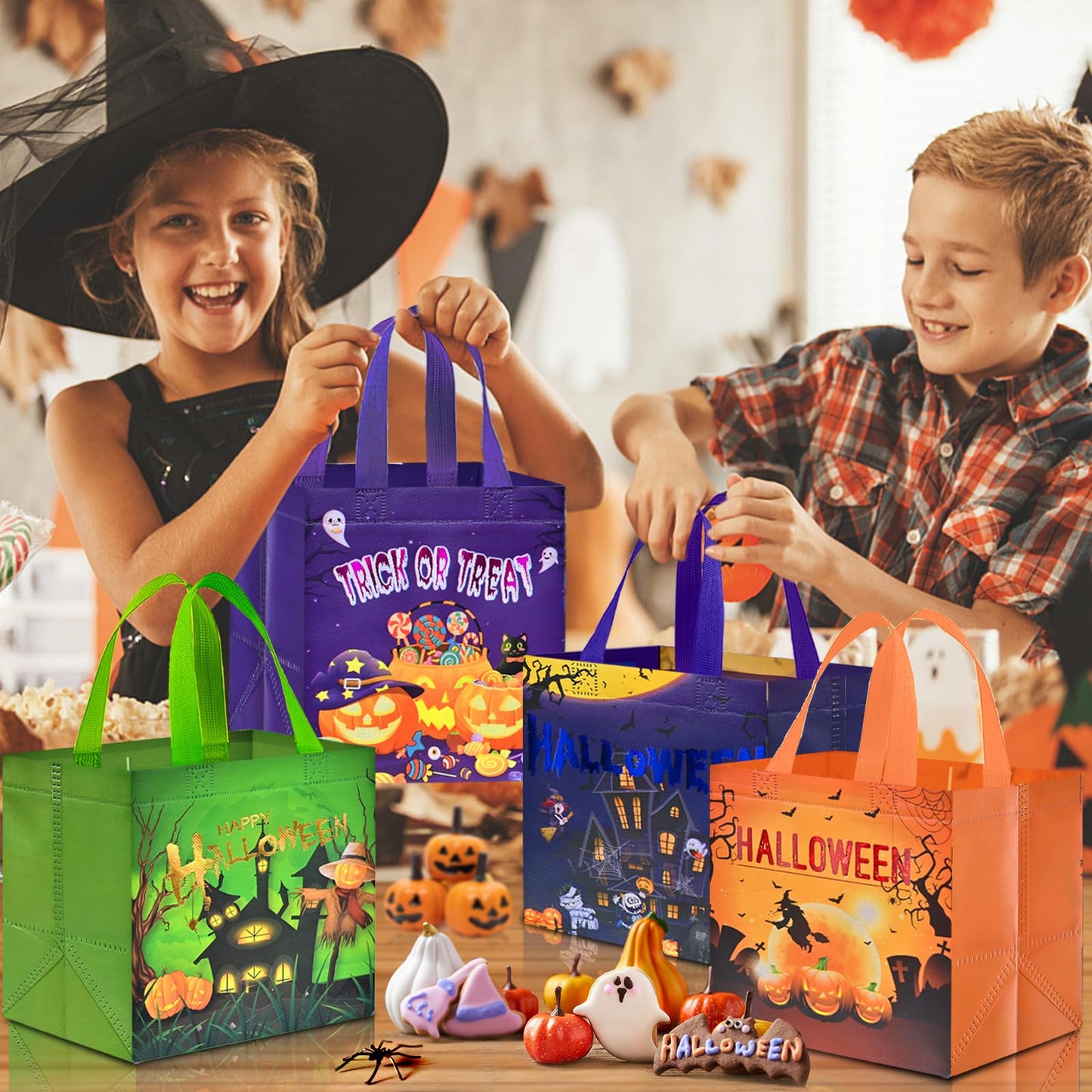 AhfuLife 12 Pcs Halloween Trick or Treat Bags, Candy Tote Bags with Handles, Reusable Non-Woven Gift Bag for Halloween Party Supplies Favors (7.8×7.8×5.9’’)