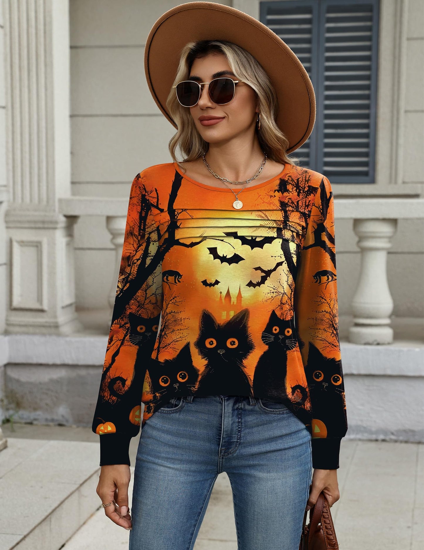 Zeagoo Womens Halloween Clothes Fall Long Sleeve Shirts Orange Cat Graphic Crewneck Casual Funny Tops Ladies Blouses