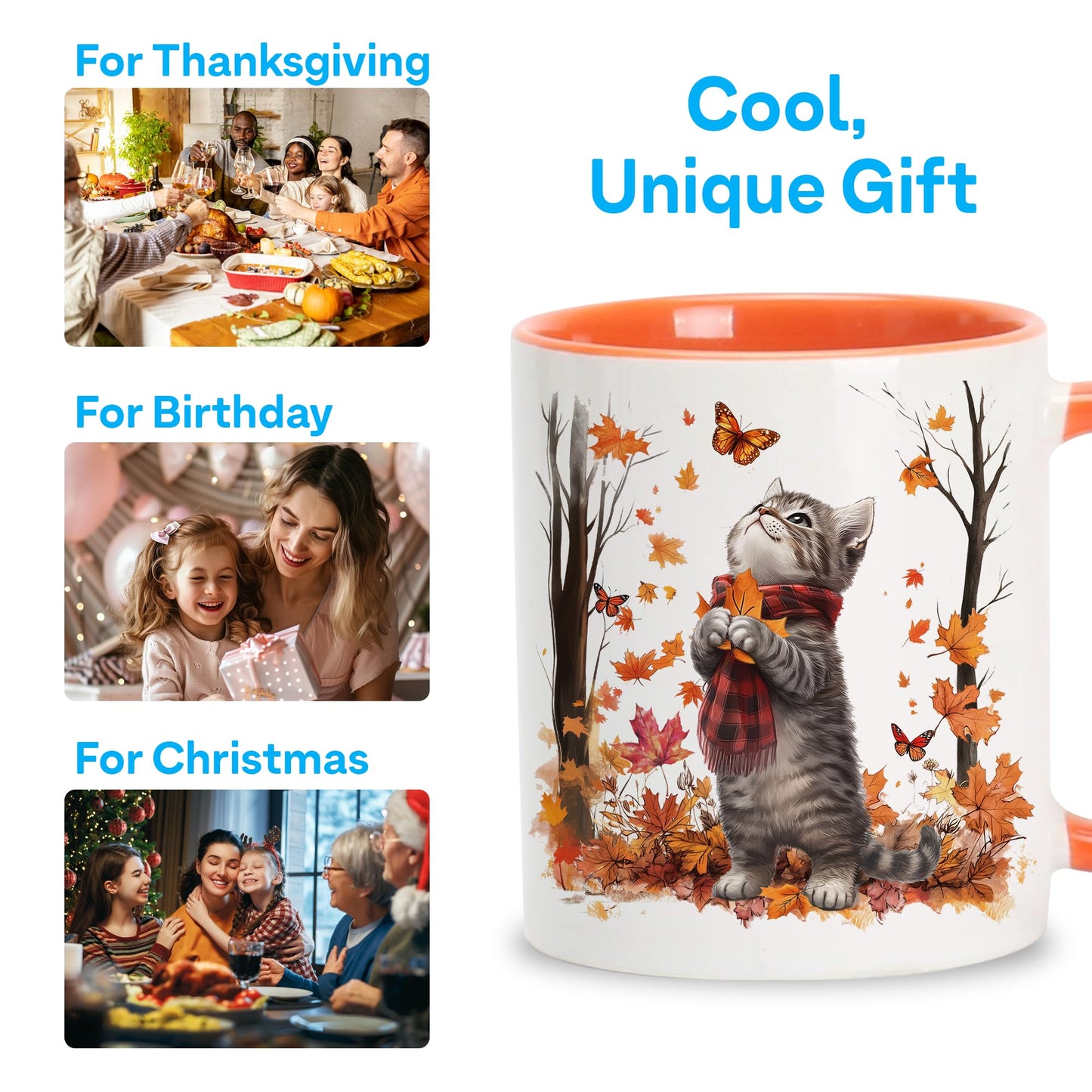 Hyturtle Fall Cat Maple Leaves Coffee Mug with Spoon, Birthday Gifts For Cat Lovers, Fall Autumn Decor Gifts For Farmhouse Thanksgiving, Cute Autumn Mug, 11oz Two Tone White Ceramic Coffee Tea Cup