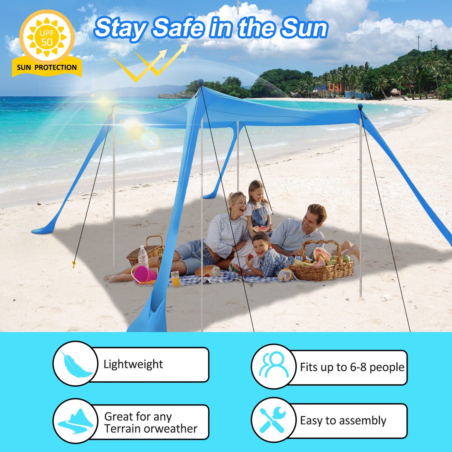 Beach Tent Sun Shelter with UPF 50+ UV Protection, Beach Canopy Sun Shade 11x11 FT with Sandbags, Poles and Ground Pegs and Anti-Wind Ropes, Pop Up Tent for Camping, Backyard and Picnics