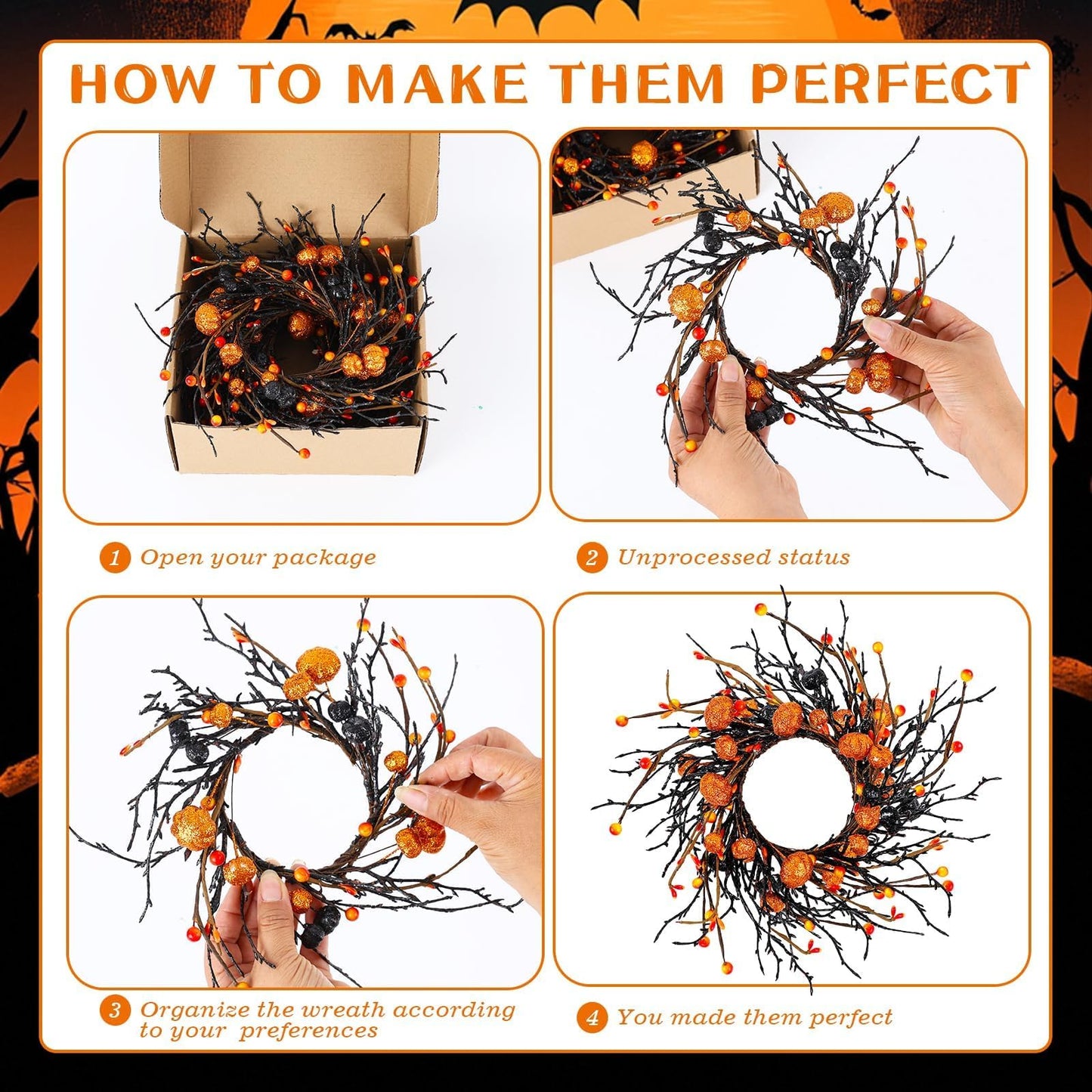 6 PCS Halloween Swags Wreaths Black Berry Cabinet Hanging Decorative Wreaths 3.5 Inch Halloween Candle Rings Berries & Pumpkin Candle Rings for Front Door Home Wall Decor Party Outdoor Indoor Supply