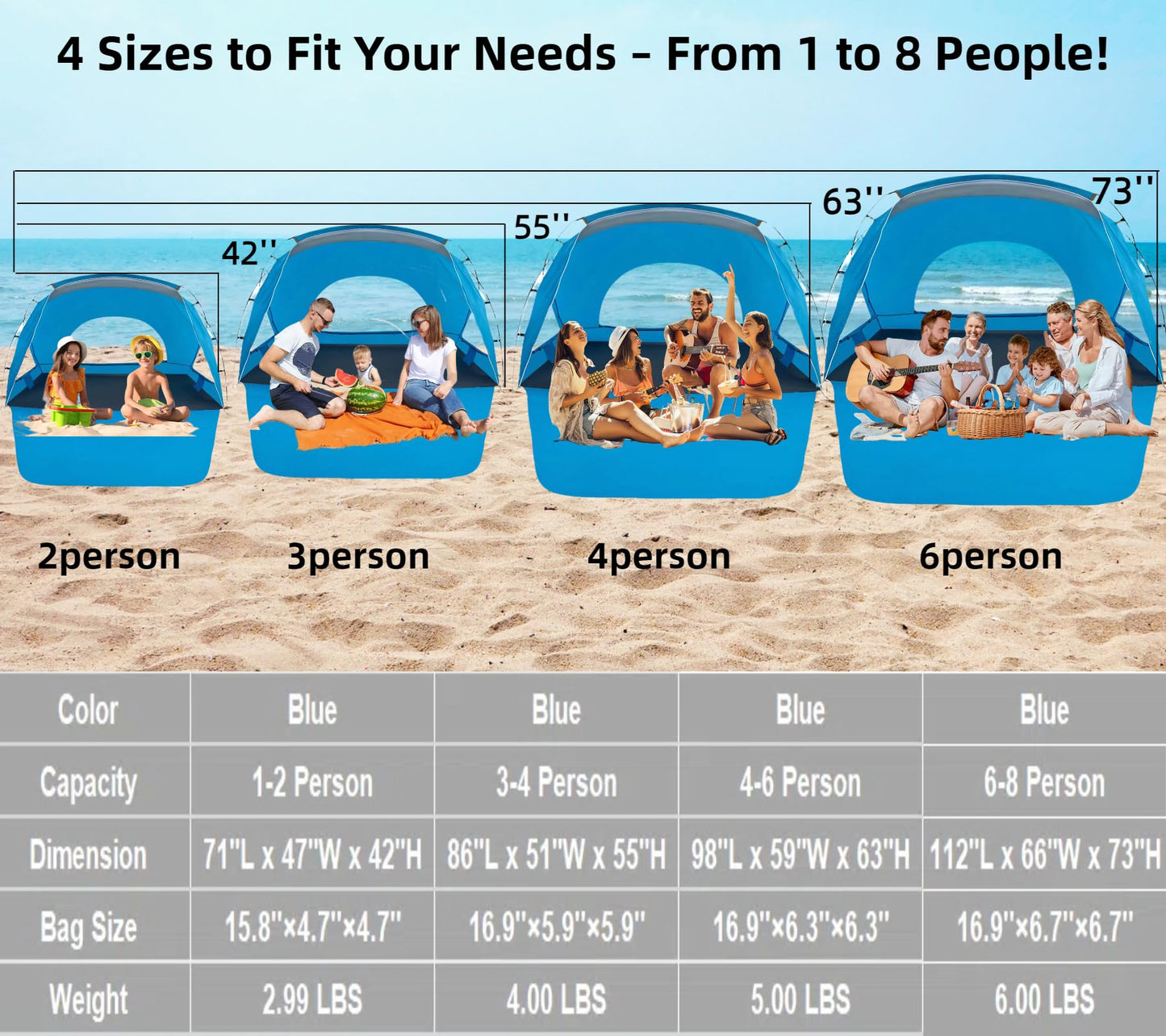 Beach Tent, Portable Sun Shelter for 2/3/4/6-8 Person with UPF 50+ UV Protection, Easy Setup Waterproof Beach Shade Canopy Cabana for Family Outdoor and Picnics, Fishing with Carrying Bag