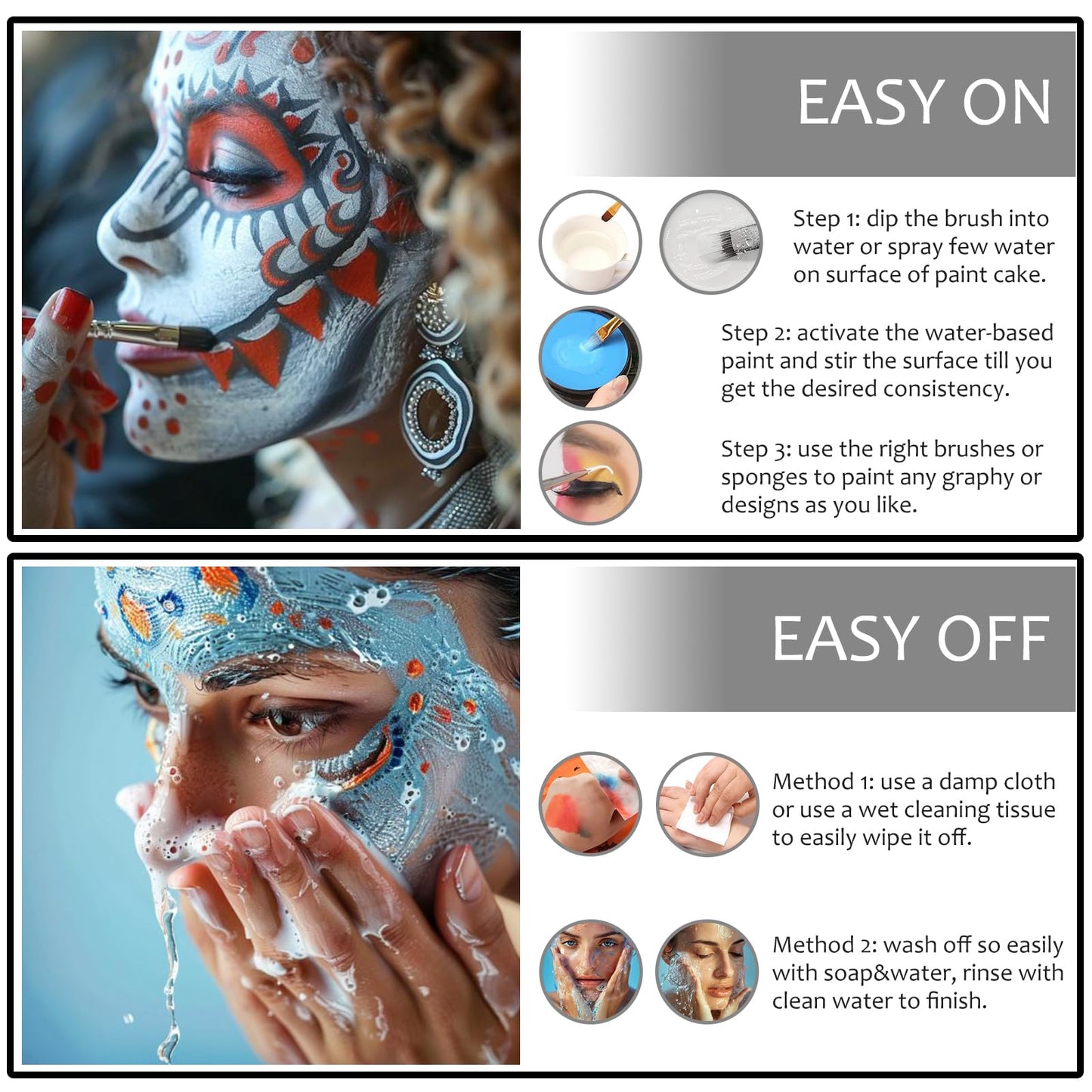 White Black Red Joker Clown Face Body Paint with Brushes for Halloween Makeup, Water Based Face Painting Kit Non Toxic for Kids & Adults, Facepaint Set for Skull Witch Goth Vampire SFX Cosplay Make Up