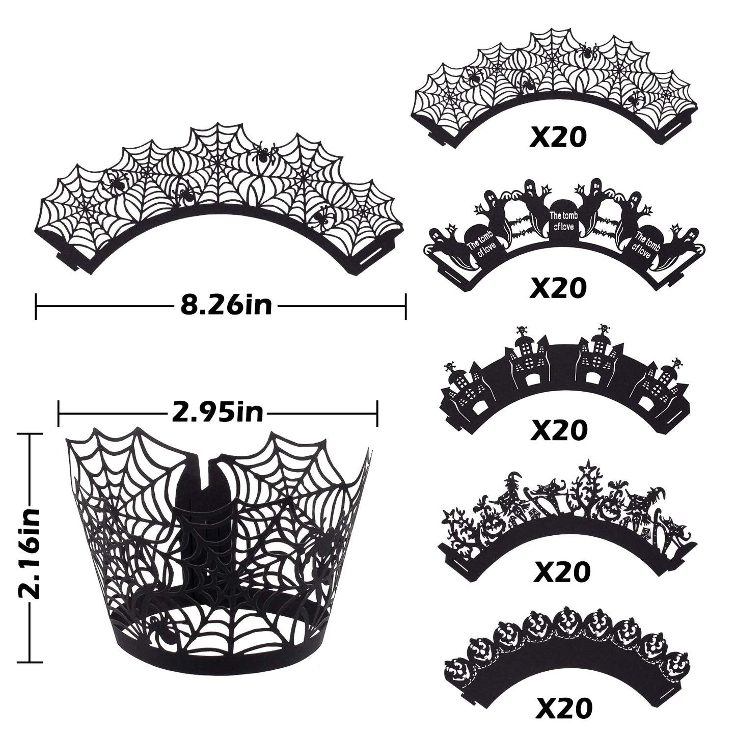 Whaline 100 Pcs Halloween Cupcake Wrappers, Artistic Bake Paper Cups Black Laser Cut Cupcake Liners Cake Decoration for Halloween Theme Party