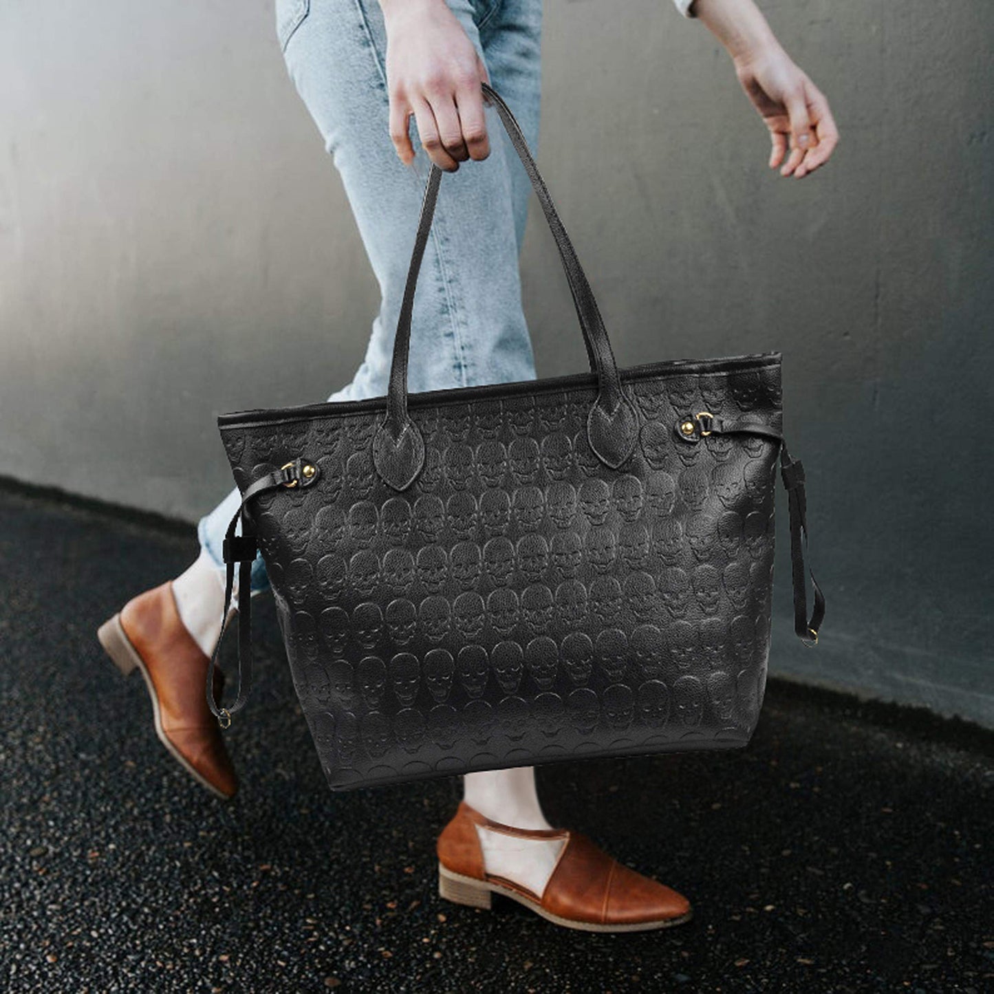 Women Devil Skull Purse Handbags Pu Leather Top-Handle Satchel Shopping Bag with Clutch Purse Black