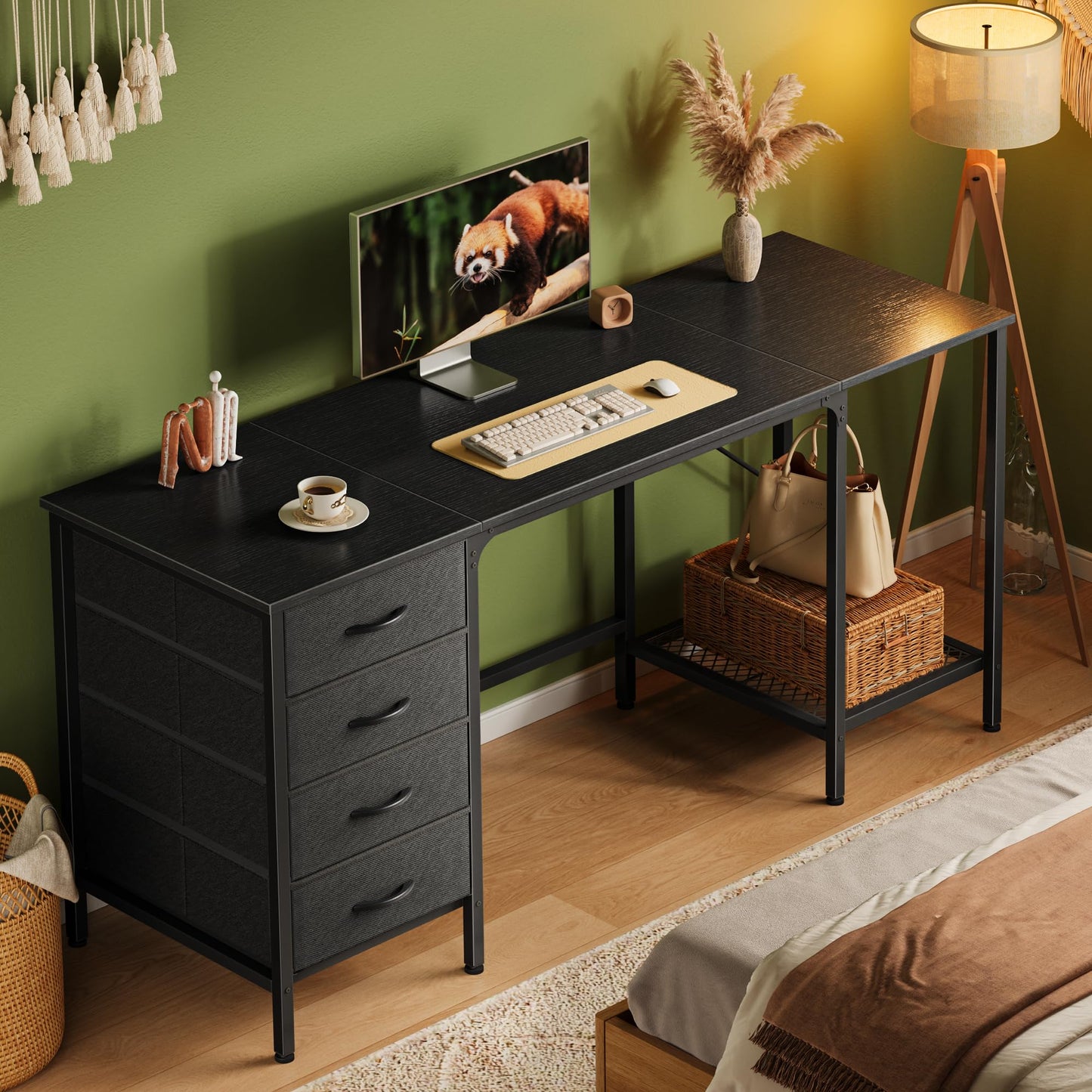 Huuger 63 Inch Computer Desk with 4 Drawers, Mesh Shelf, Gaming, Large Storage, Writing Work Desk for Home, Study, Bedroom, Work from Home, Black