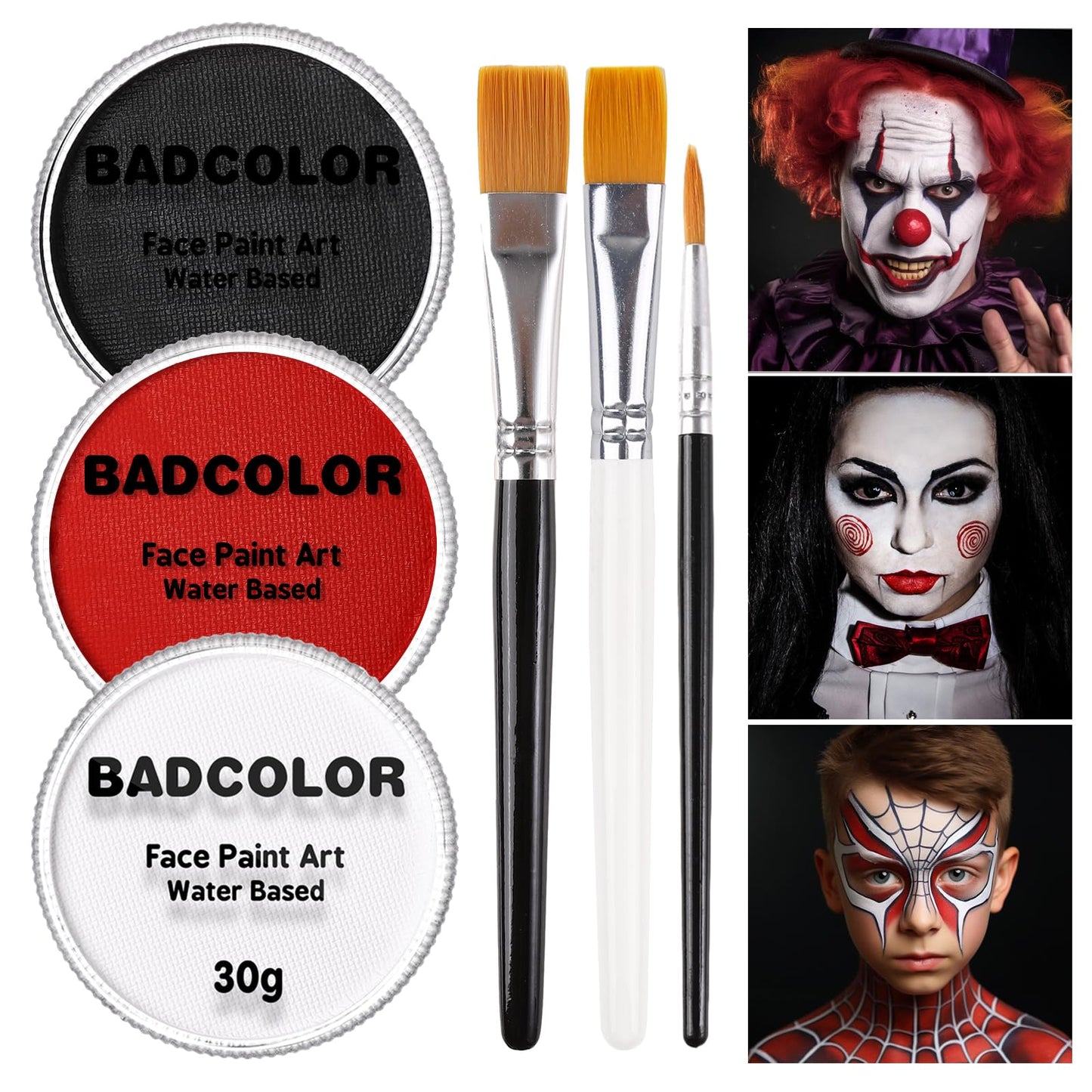 White Black Red Joker Clown Face Body Paint with Brushes for Halloween Makeup, Water Based Face Painting Kit Non Toxic for Kids & Adults, Facepaint Set for Skull Witch Goth Vampire SFX Cosplay Make Up
