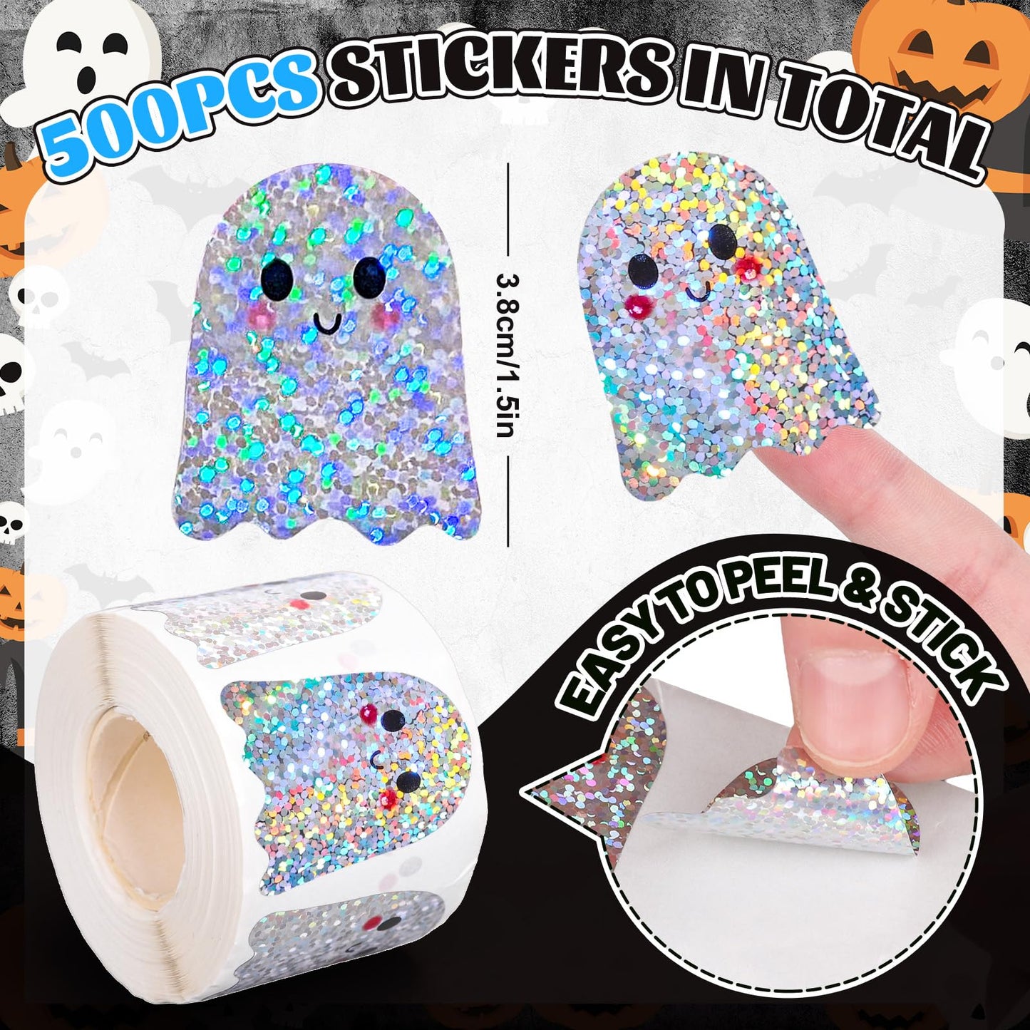 Whaline Halloween Ghost Stickers Roll Laser Cute Cartoon Ghost Seal Stickers Waterproof Self-Adhesive Decals for Envelope Journal Decor Birthday Baby Shower, 500 Pcs