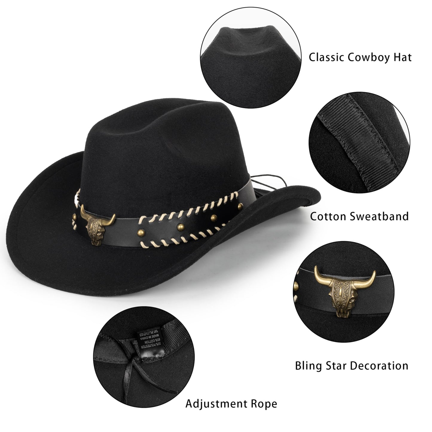 Women & Men Felt Western Cowboy Hat Classic Roll Up Brim Belt Buckle Cowgirl Fedora (M)
