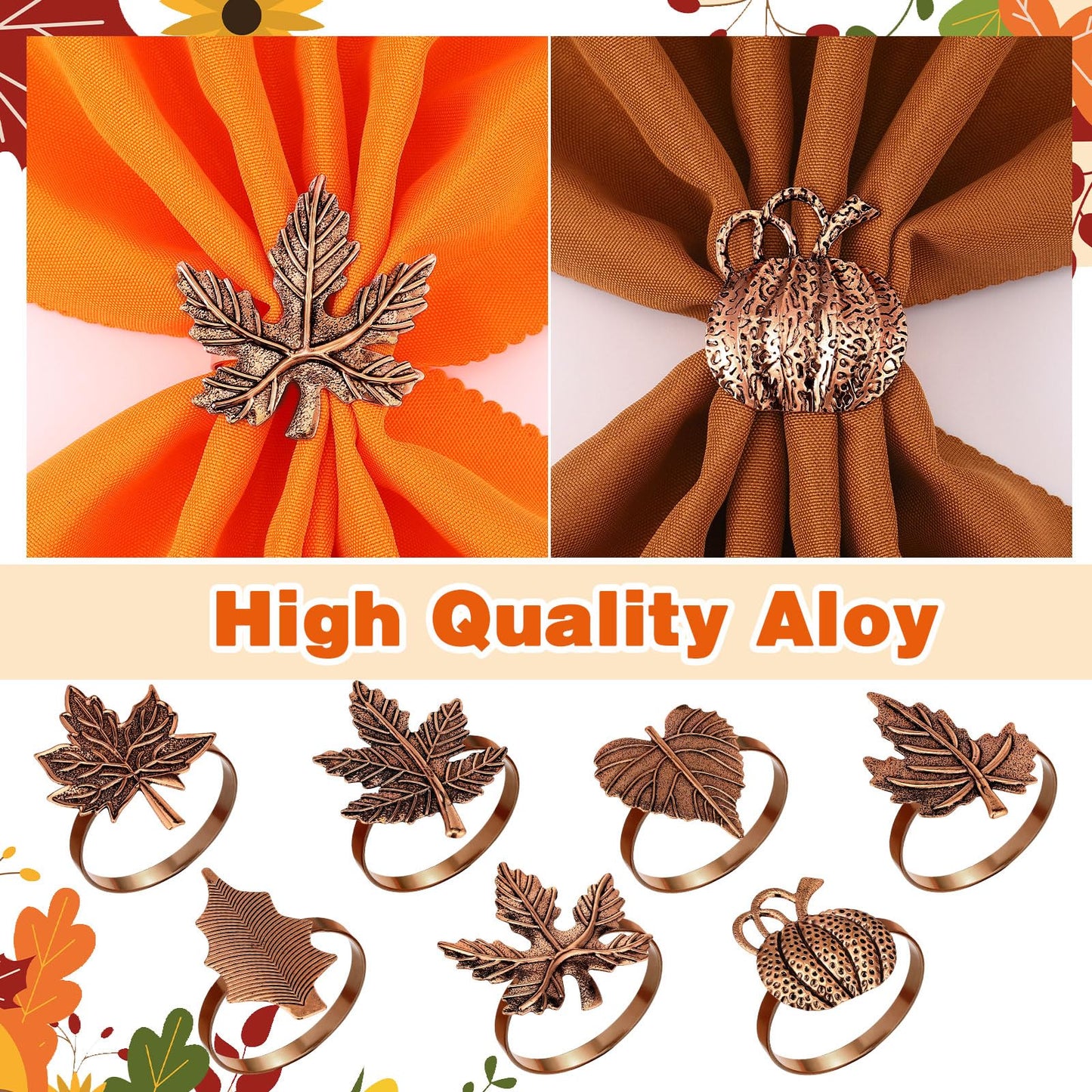 WILLBOND 12 Pcs Thanksgiving Napkin Rings Set Thanksgiving Pumpkin Leaf Themed Holders Fall Napkin Rings Alloy Design Holder Buckle for Halloween Home Party Table Decor Wedding Supplies (Copper)