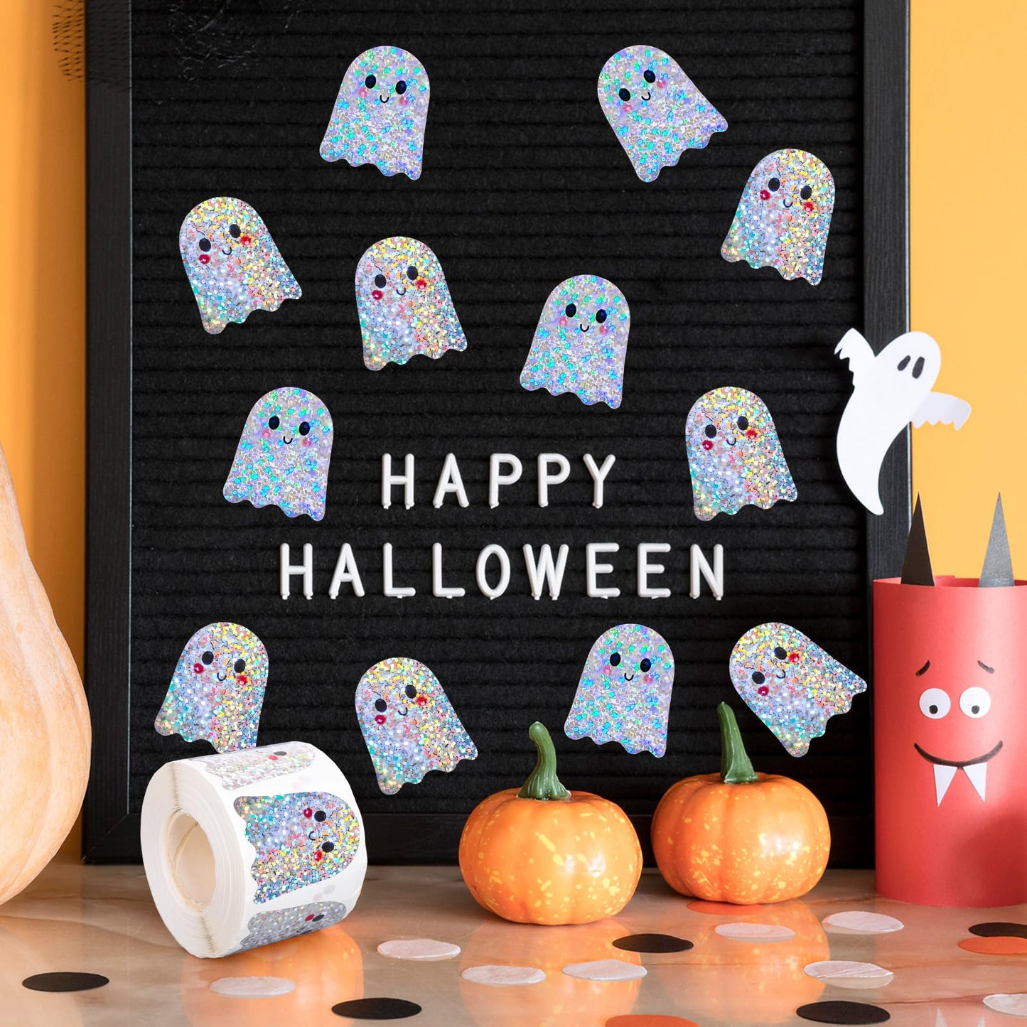 Whaline Halloween Ghost Stickers Roll Laser Cute Cartoon Ghost Seal Stickers Waterproof Self-Adhesive Decals for Envelope Journal Decor Birthday Baby Shower, 500 Pcs