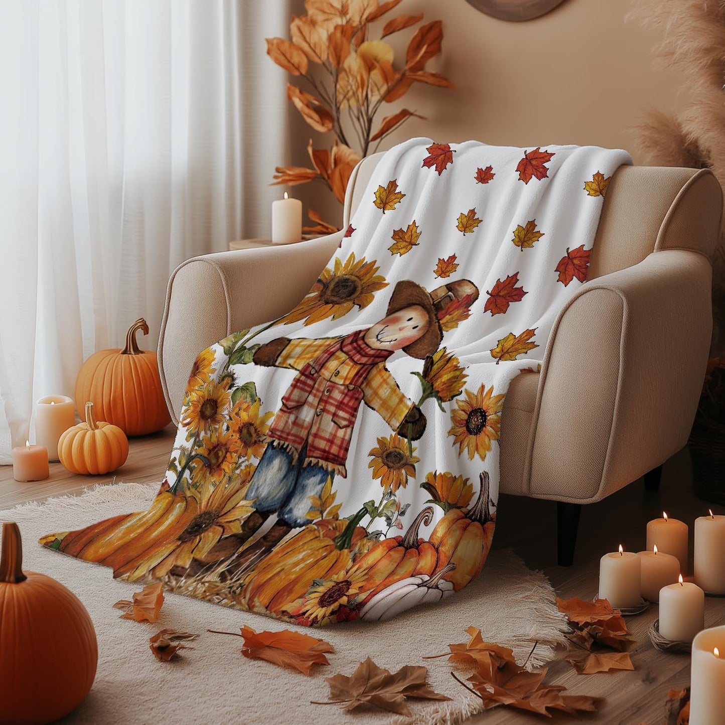 Horaldaily Fall Flannel Blanket Throw, Orange Scarecrow Pumpkin Leaves Soft Fuzzy Plush Cozy Fleece Blankets for Couch Sofa Bed Lounging, Ideal Gifts for Kids Adults Wife Self, 50x60