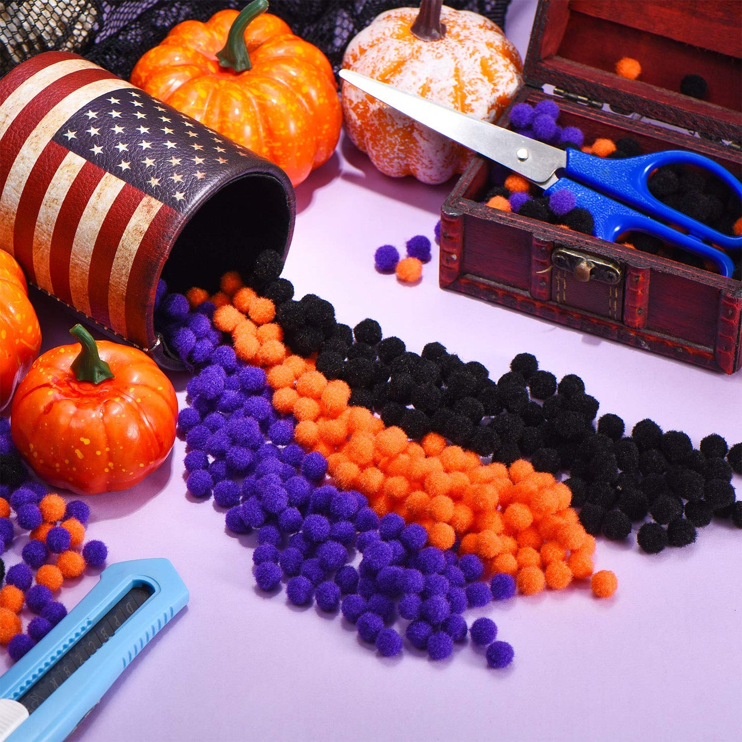 600 Piece Halloween Craft Pom Poms Mini Pompoms Fuzzy & Fluffy Balls for Party Decors (Black, Orange, Purple)
