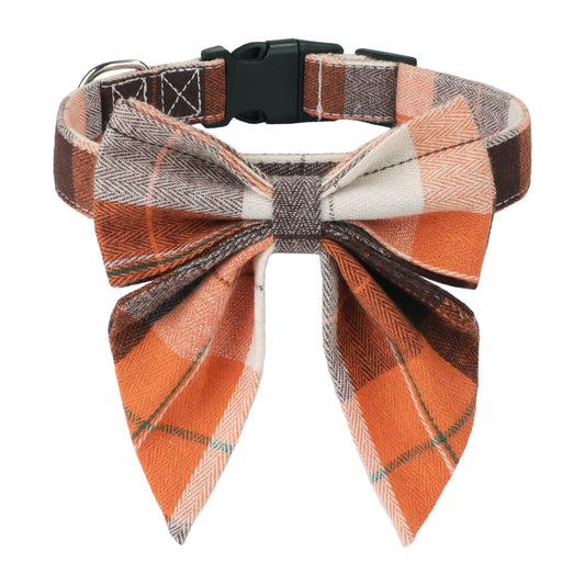 ADOGGYGO Fall Plaid Dog Collar with Bow, Adjustable Orange Plaid Thanksgiving Halloween Fall Collars for Small Medium Large Dogs Pets (Medium)