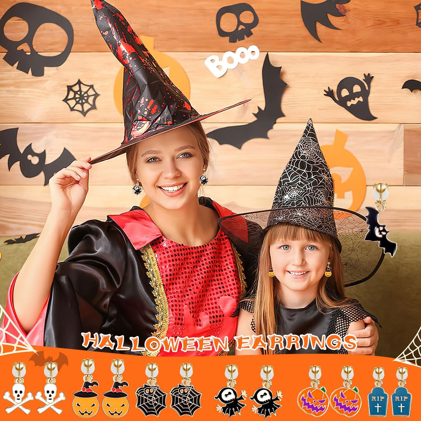 A Halloween Earrings Set of 20 Pairs Clip on Earrings for Without Pierced Ears,Vibrant Themes Like Pumpkin,Magic Broom, Fifty Hats, Crow, Bat, Black Cat