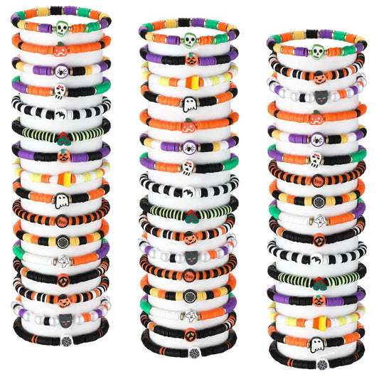 Jadive 48 Pcs Friendship Bracelets Bulk Colorful Adjustable Kids Bracelets Stretch Clay Preppy Surfer Beaded Halloween Christmas Girl Boys Party Favors Jewelry Gift Set, Various Styles(Ghost)