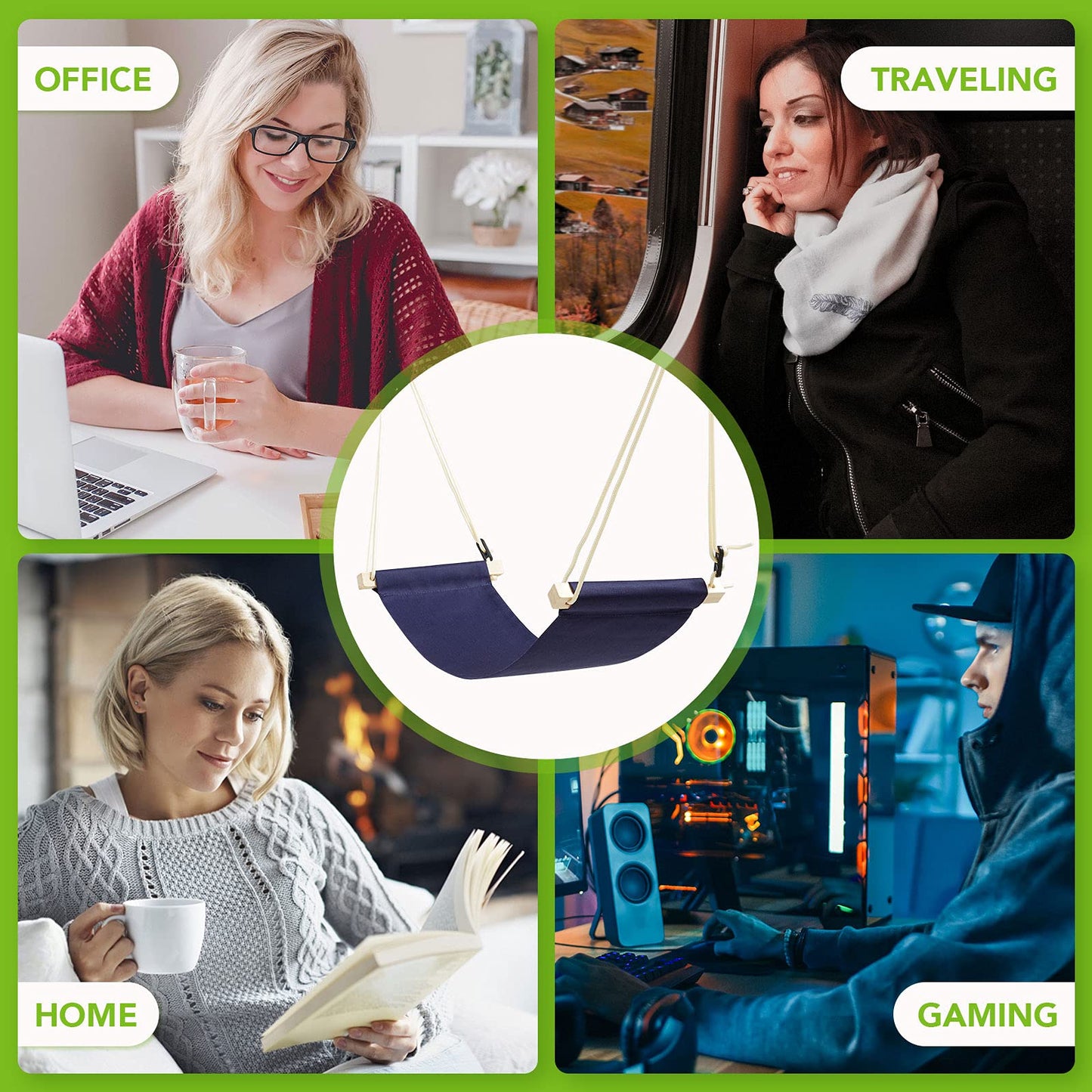 iMissiu Adjustable Office Foot Rest | Portable Under Desk Hammock with Headphones Holder (Blue)