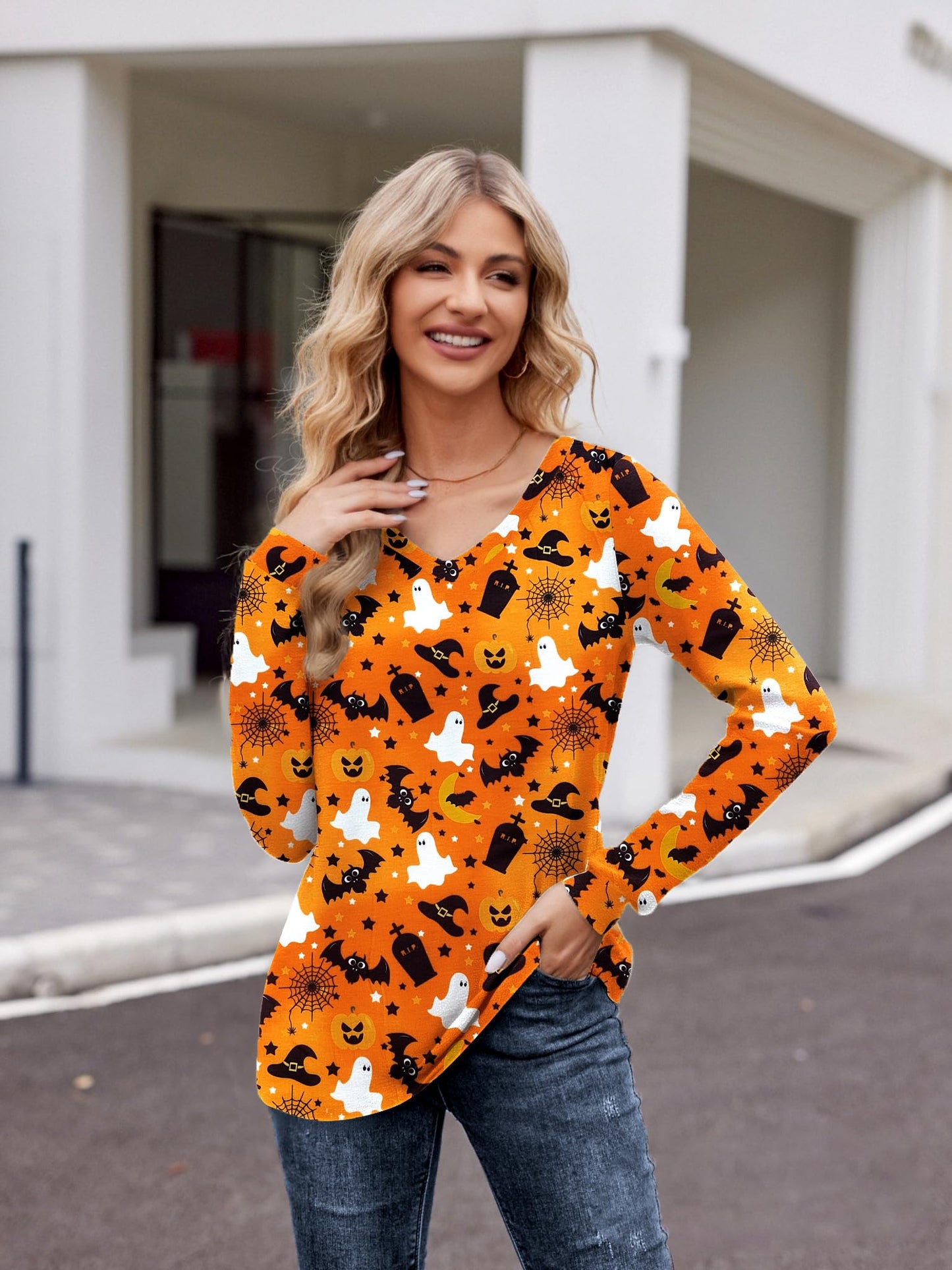 Zeagoo Halloween Shirt for Women Long Sleeve Pumpkin Printed Cute T Shirts Orange Graphic Tops Fall Tee Fashion Gift XL