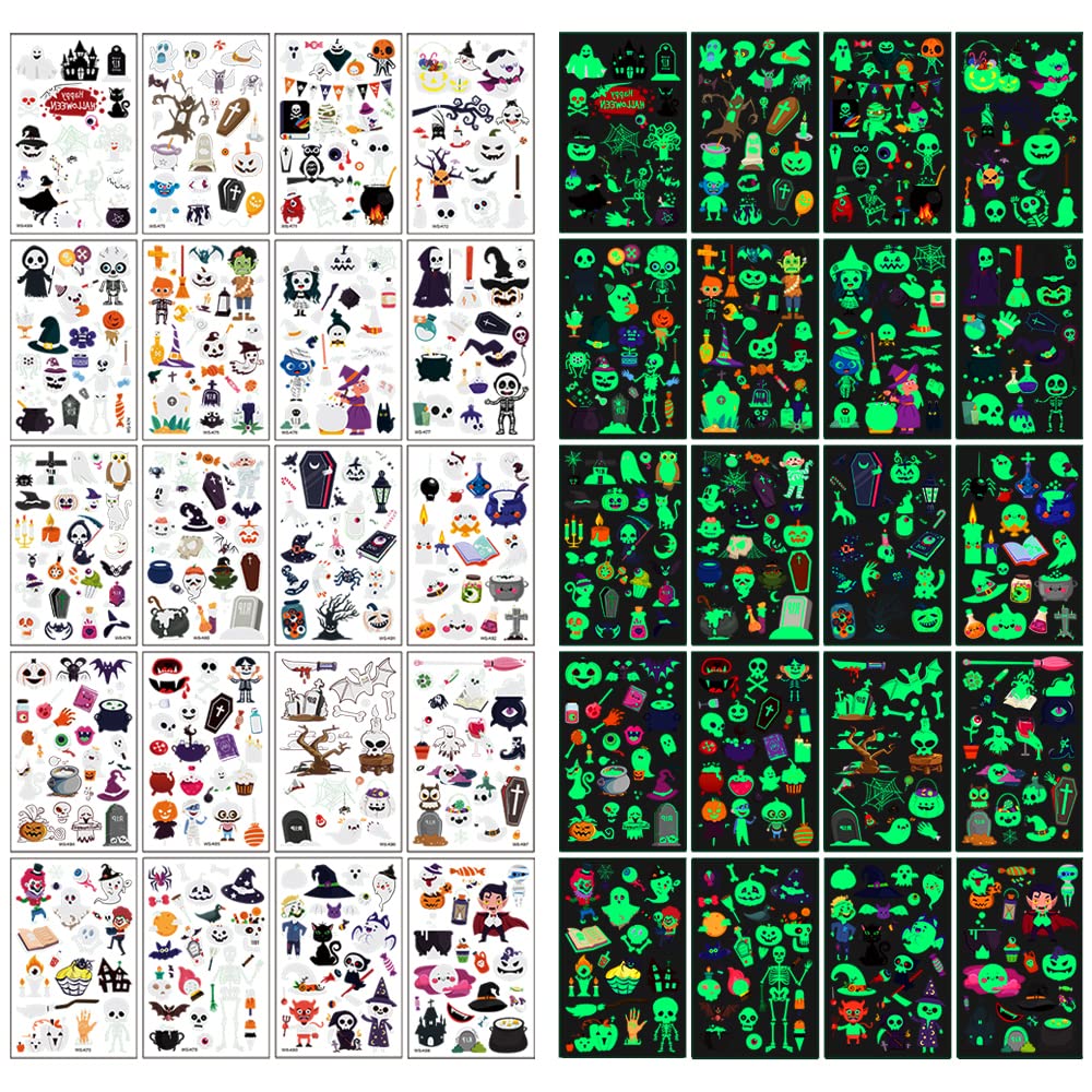 Awinmay Luminous Halloween Temporary Tattoos for Kids - 360 Pieces Halloween Glow In The Dark Tattoos for Boys and Girls,Bulk Halloween Prizes Treat or Trick Party Favor Goody Bag Stuffers 20 Sheets