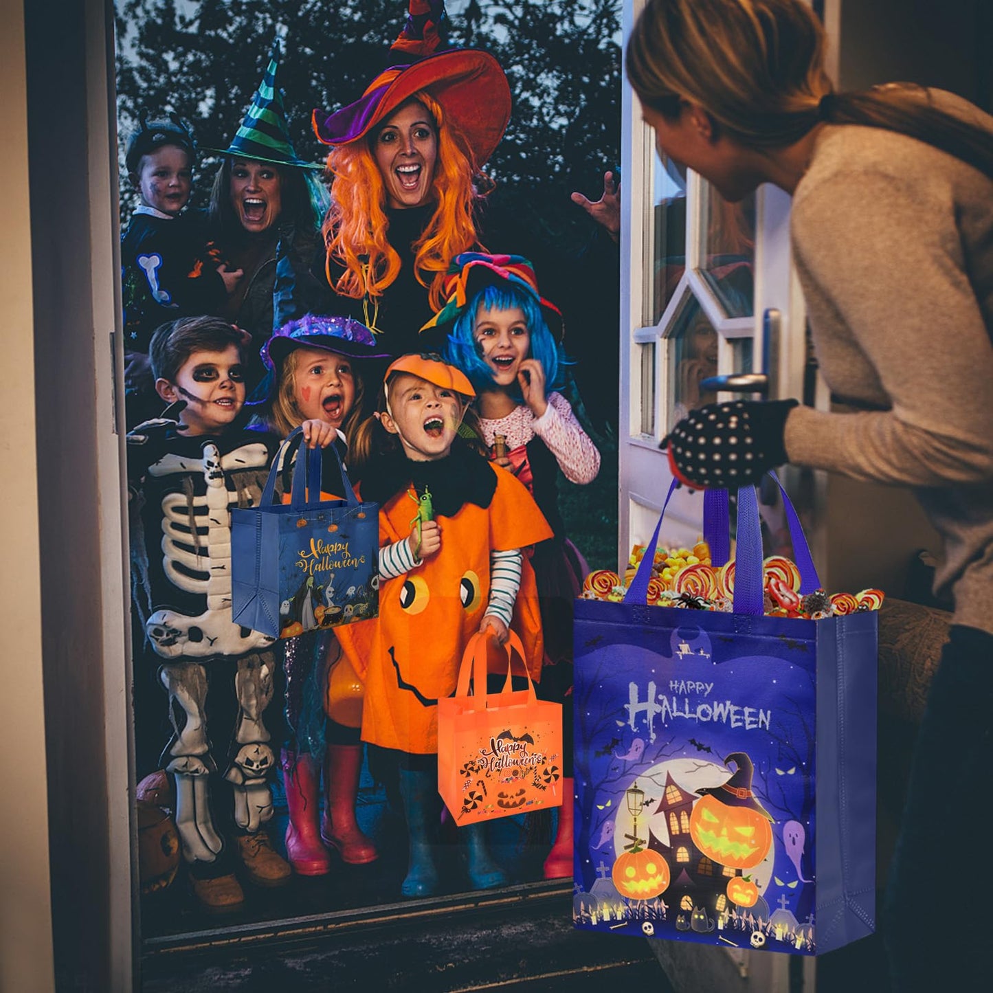 AhfuLife 6 Pcs Halloween Trick or Treat Bags, Large Candy Tote Bags with Handles, Reusable Non-Woven Gift Bag for Halloween Party Supplies Favors (15×11.8×3.9’’)