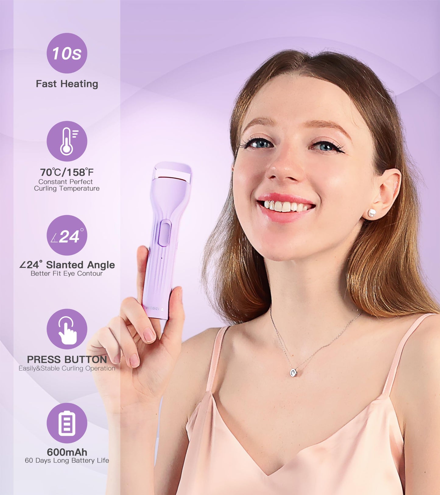 HEBECA Heated Eyelash Curlers, Electric Eye Lashes Curler with Innovative Heating Silicone Pad for Lifted Lashes 24 Hours, No Pinching, Quick Rechargeable 600mAh Battery Purple EC2001