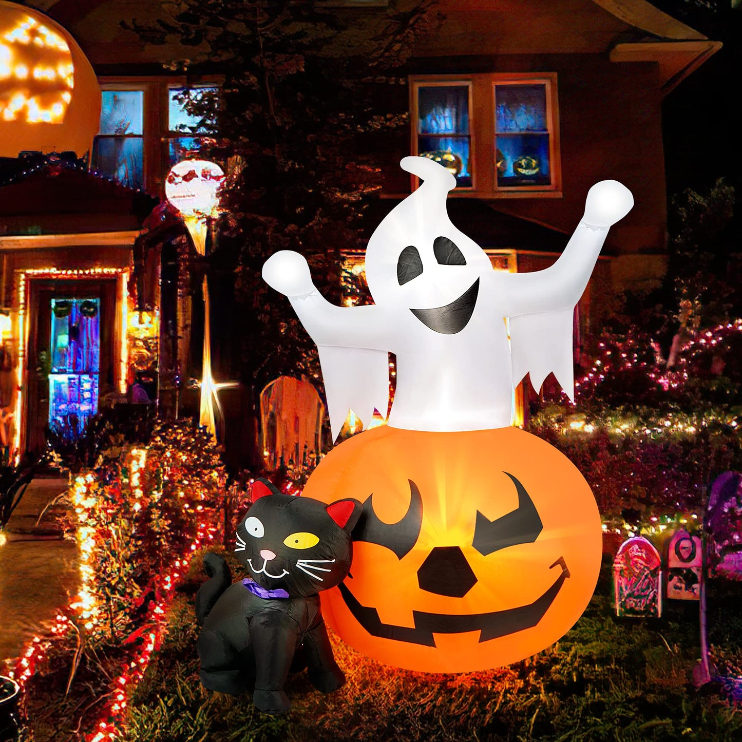 5 FT Halloween Inflatables Outdoor Spooky Pumpkin and Witch' s Black Cat Combo Inflatable Decor, Halloween Blow Up Yard Decorations Clearance with Build-in LED Lights, Halloween Outdoor Decorations