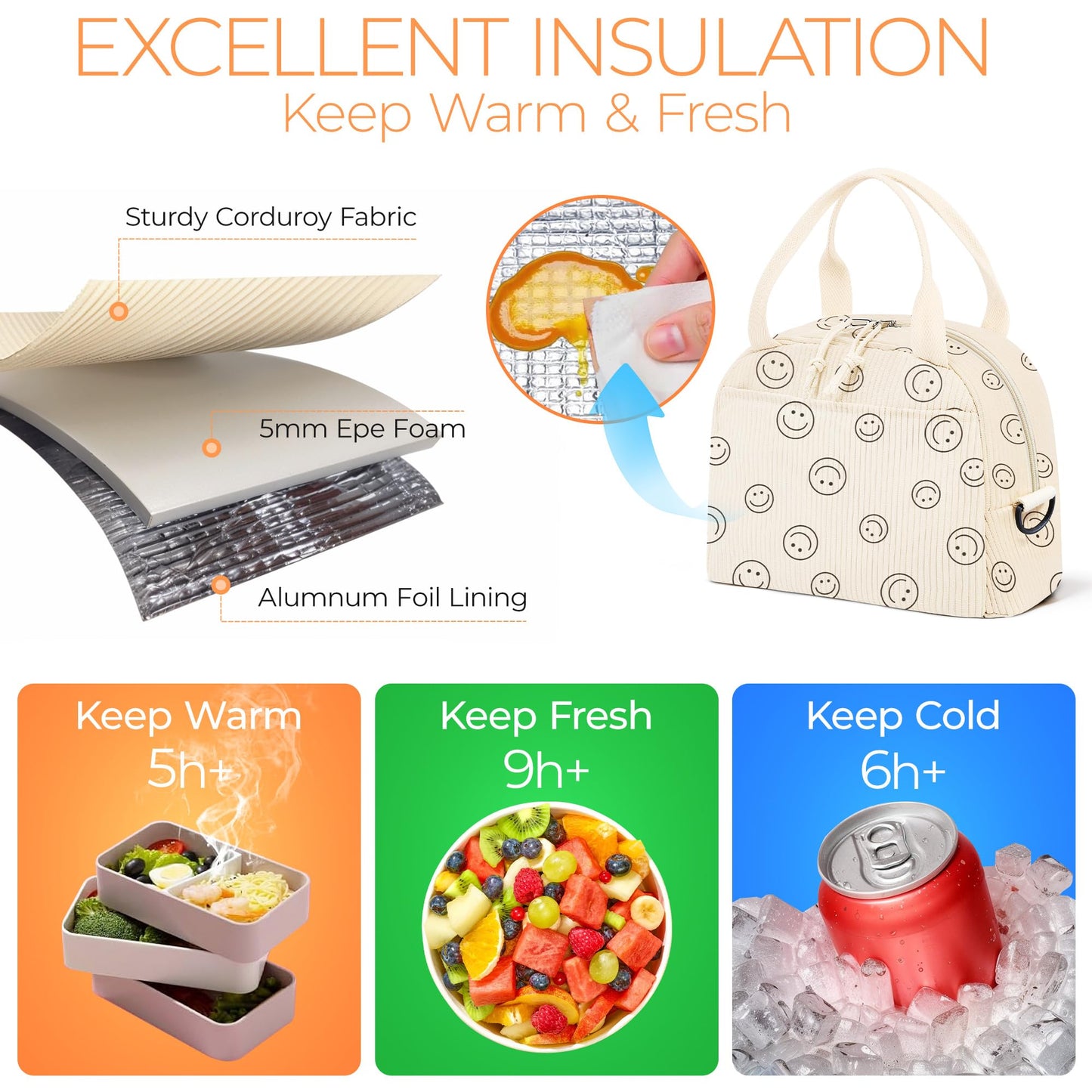 WOBAGMEN Lunch Box for Women,Smiley Lunch Bag Cute Corduroy Insulated Lunch Box With Shoulder Strap for Adult Womens for Work Picnic(smiley)