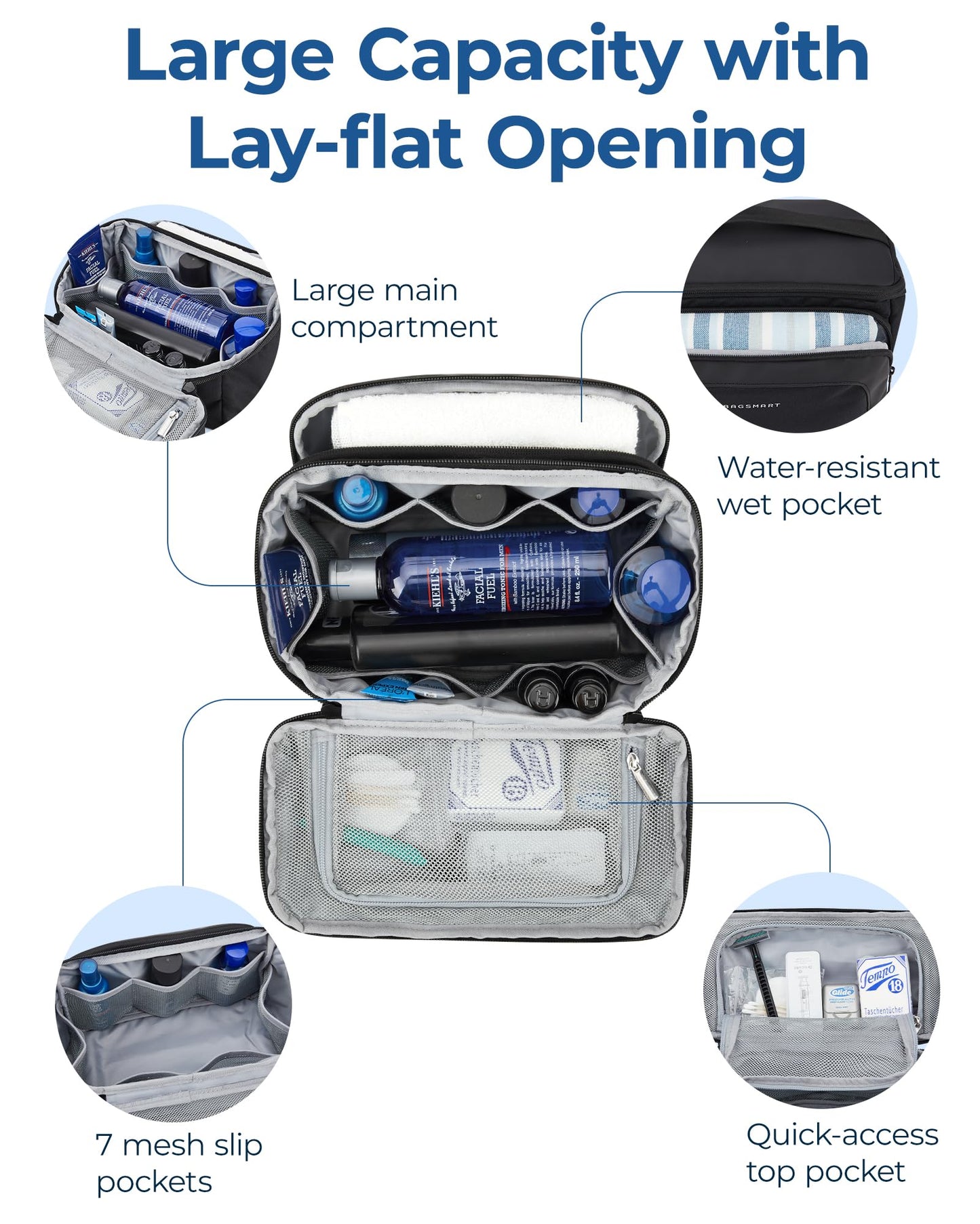 BAGSMART Toiletry Bag for Men, Wide Opening Travel Bag for Toiletries, Dopp Kit Water Resistant Shaving Hygiene Bag for Bathroom Shower, Toiletries Accessories,Travel Essentials-Black