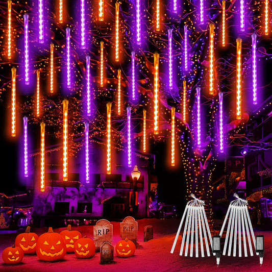 2-Pack Halloween Lights Outdoor, Extendable Meteor Shower Lights 16 Tubes 384 LEDs Indoor Outdoor, Waterproof Falling Rain String Lights with Timer for Halloween Tree Roof Decor(Orange and Purple)