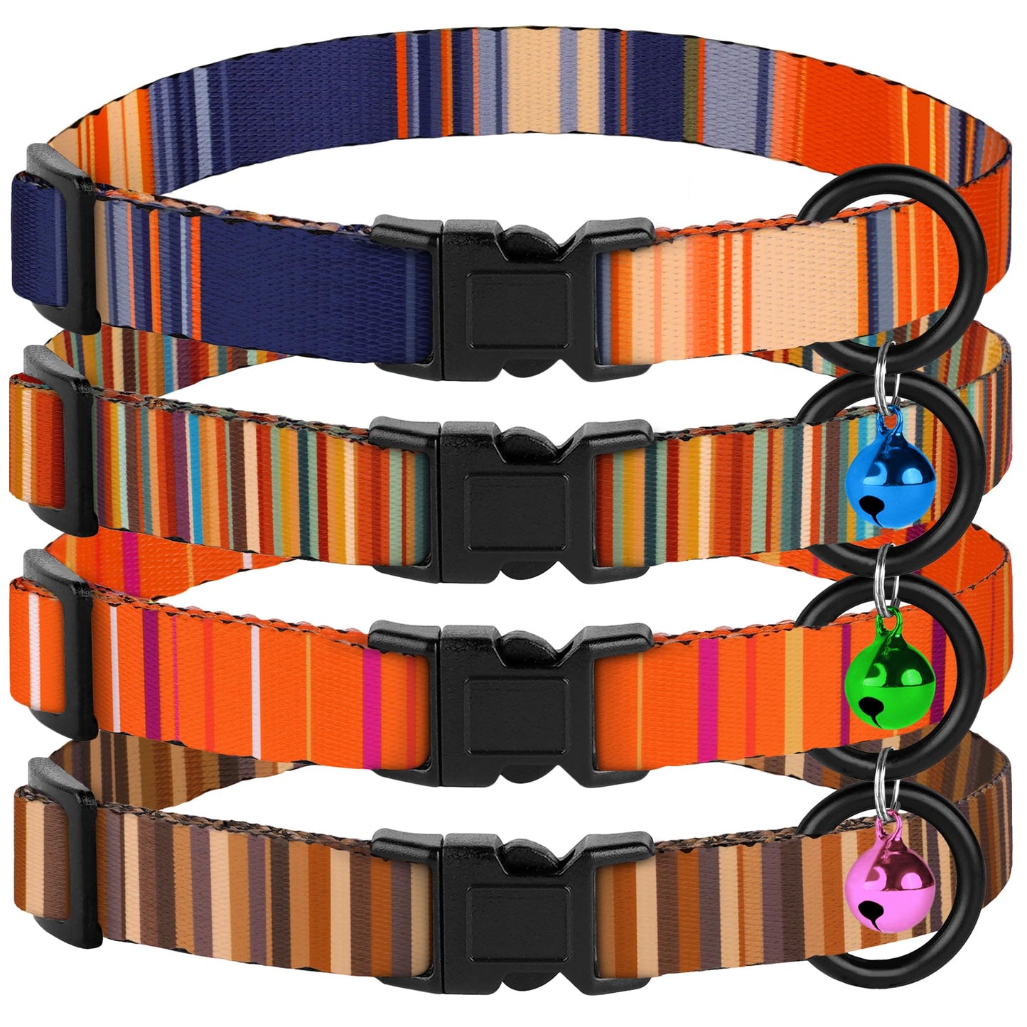 4PCS Breakaway Cat Collars with Bell, Cute Kitty Adjustable Safe Kitten Collars, 4-Pack, Nylon Pet Collars Tribal Striped Aztec Print (Striped)