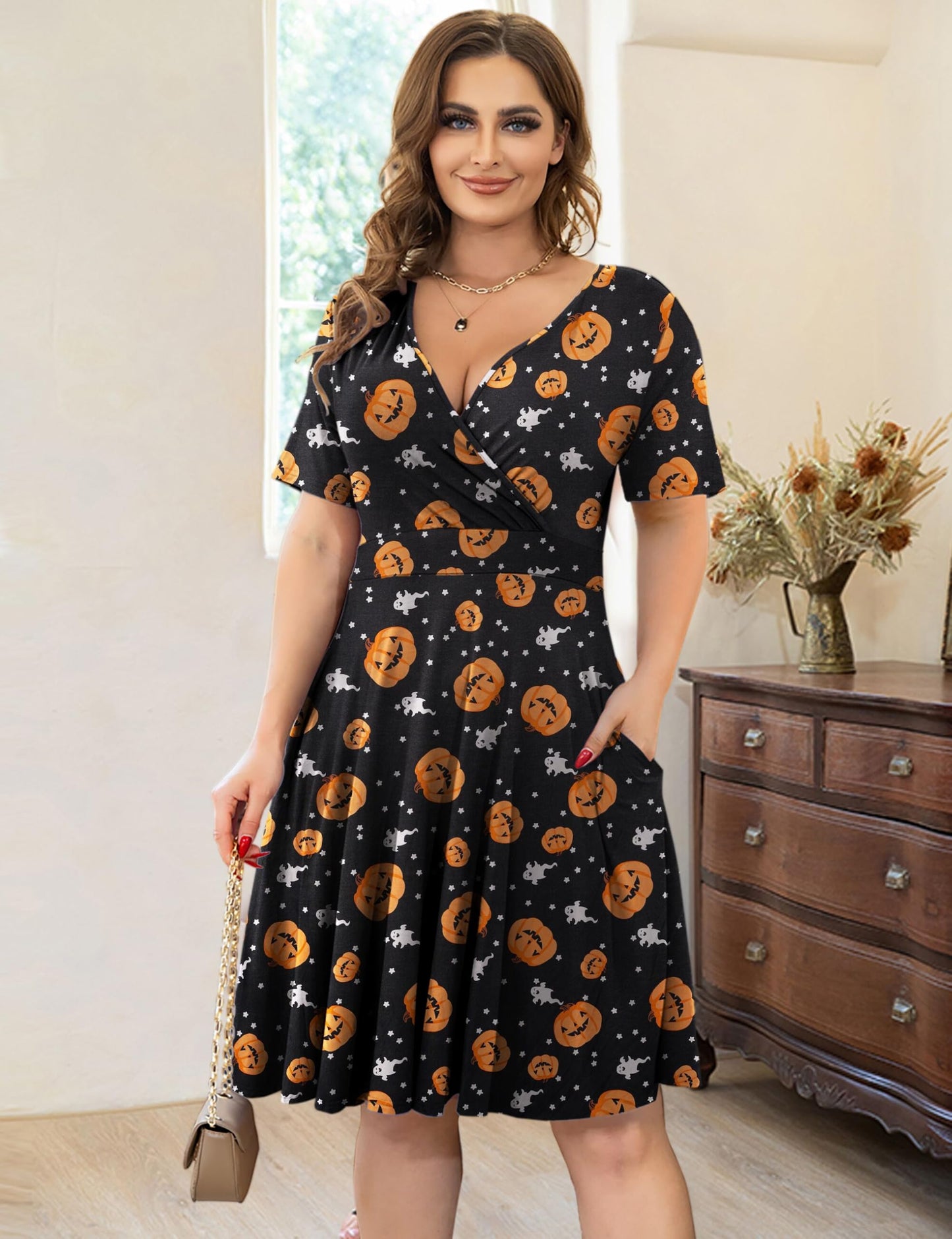 Ahlaray Plus Size Short Sleeve Dress Casual V Neck Halloween Dress for Women with Pockets, 01, XL