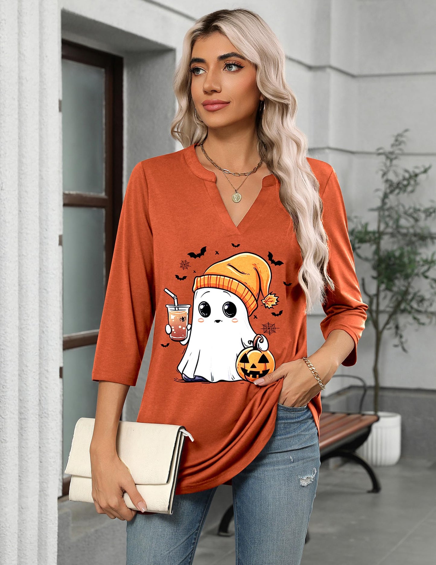 Zeagoo Tunic For Women 3/4 Sleeve Tops Halloween Thanksgiving V Neck Shirts Orange Spooky XXXL