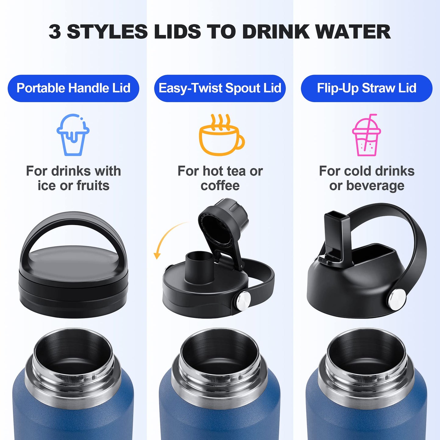HYDROWION 32oz Stainless Steel Water Bottle(Cold for 48 Hrs, Hot for 24 Hrs),Double Wall Vacuum Insulated Water Bottle with Straw Lid, Spout Lid and Flex Cap, Fit in Any Car Cup Holder,Black