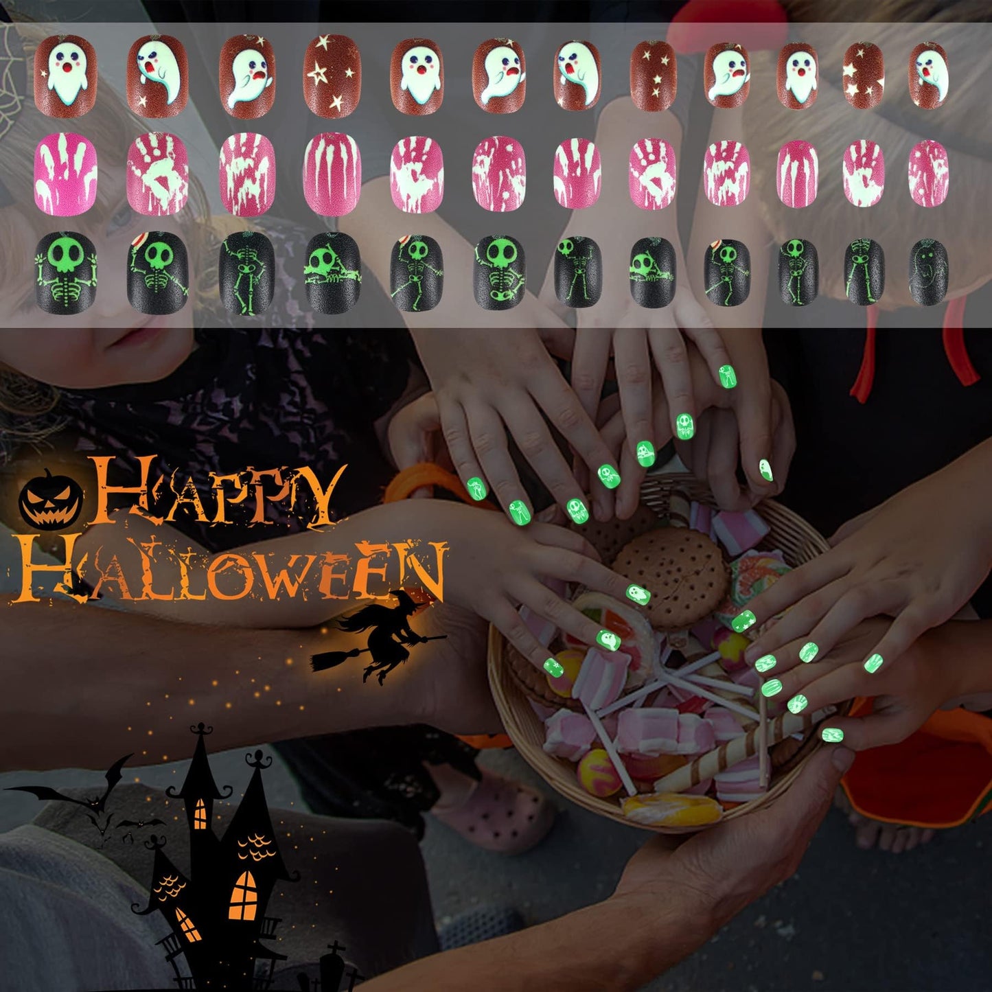 JANYUN Halloween Luminous Kids Fake Nails, 192 PcsGlowing Short Glow in Dark False Nails with Pumpkin Spider Bat for Girls Nail Art Party Decoration (Halloween Luminous)
