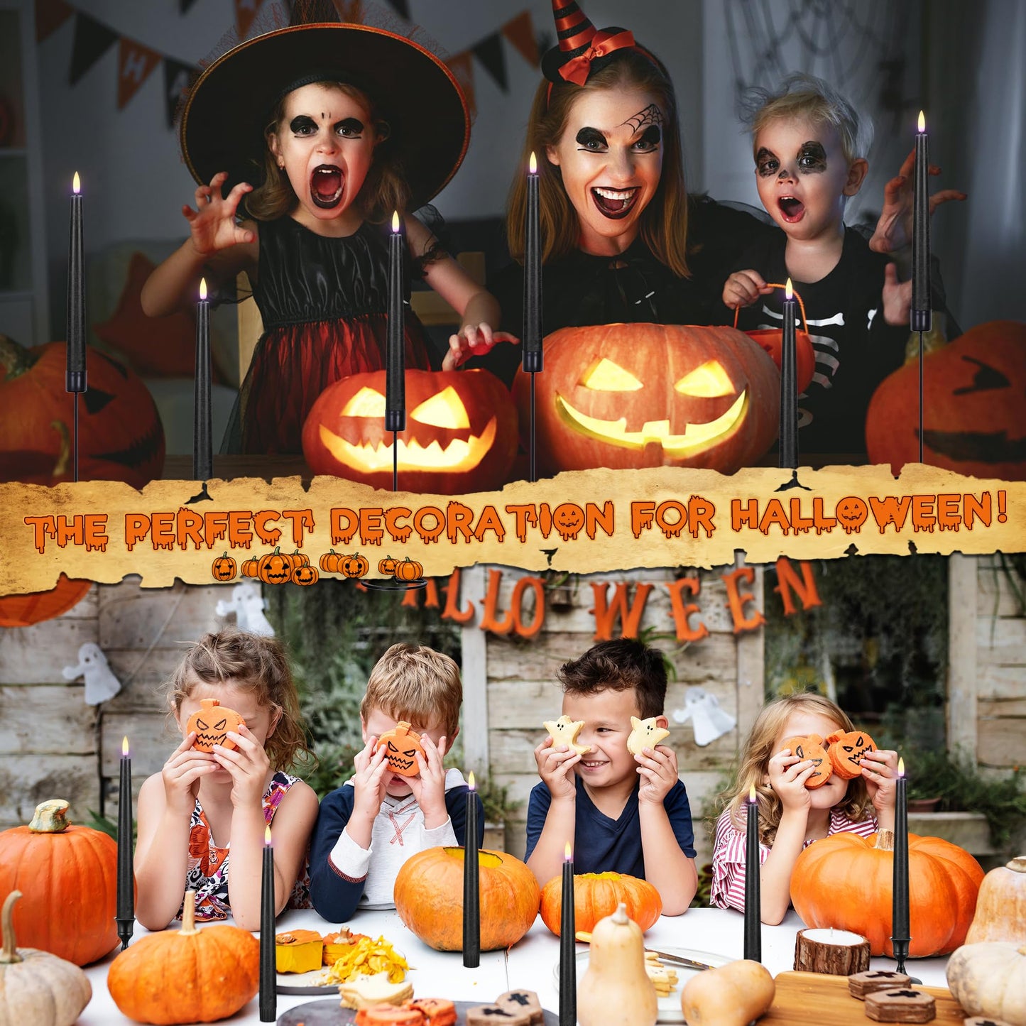 AFINETH Black Flameless Taper Candles with Remote, Real Wax Halloween Candles, 9.6 Inch Battery Operated Led Candlesticks for Party Home Festival Decor, 3 Pack