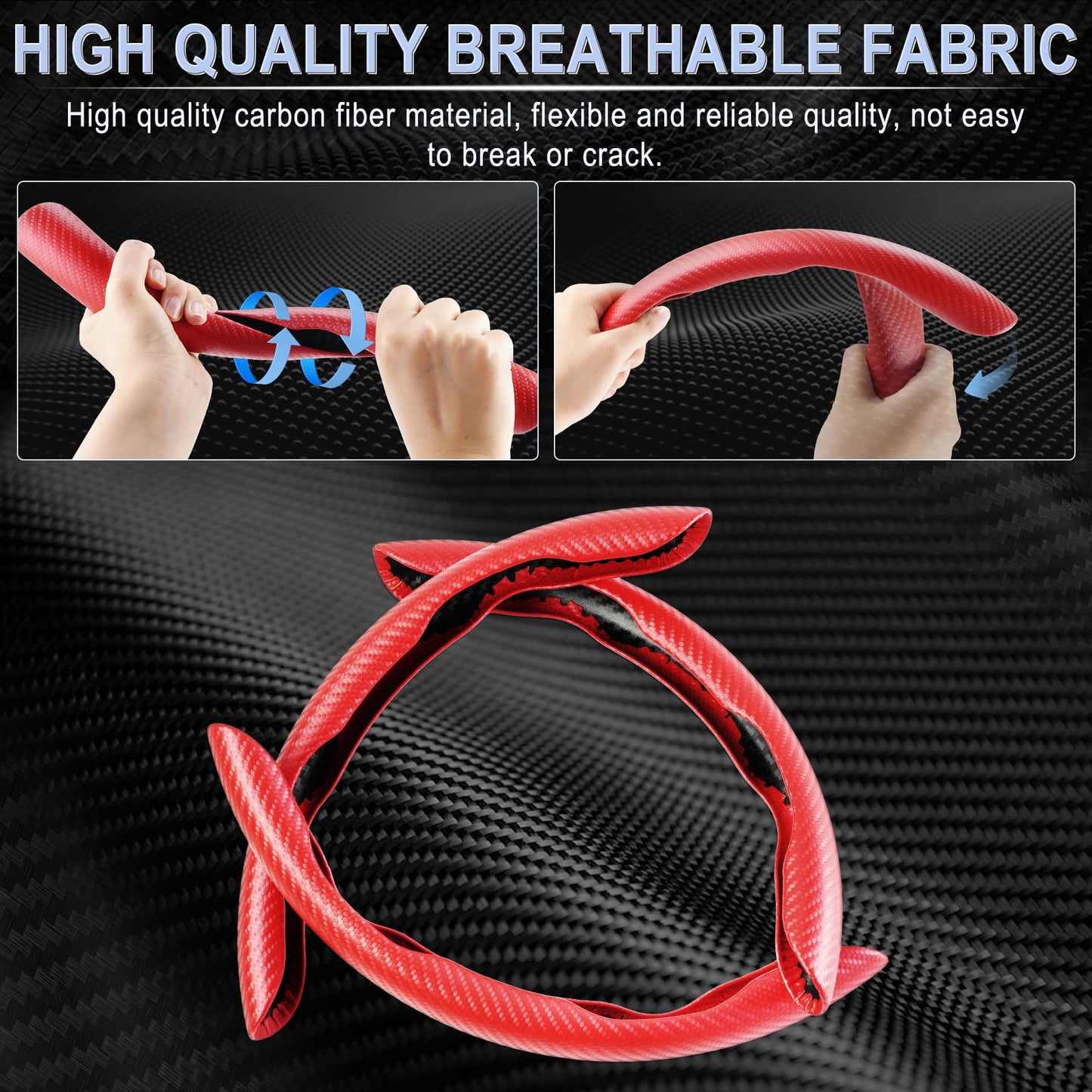 Amiss 3pcs Carbon Fiber Anti-Skid Steering Wheel Cover, Segmented & Butterfly Design, Universal 99% Car Wheel Cover Protector, Red