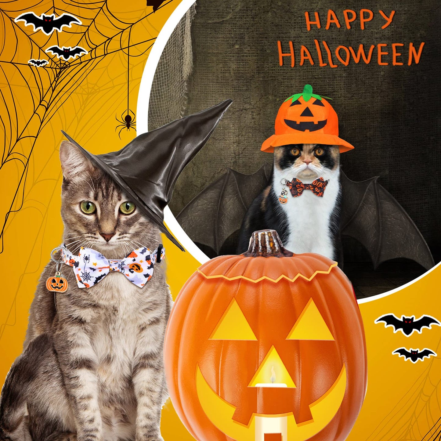 6 Pcs Halloween Cat Collar with Bow Tie and Bells, Breakaway Kitten Collar Ghost Pumpkin Witch Skull with Buckle Adjustable 7-11 Inch Funny Gothic Cat Supplies