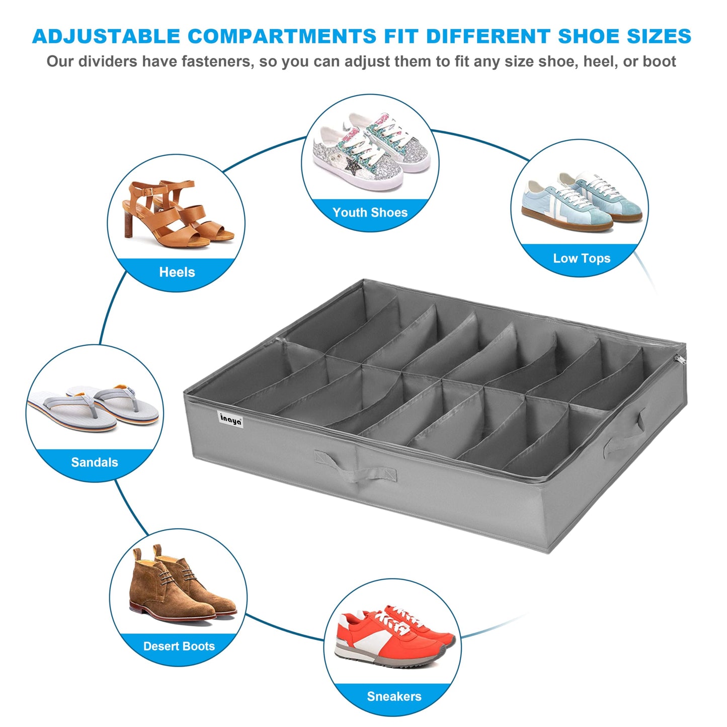 INAYA Under Bed Shoe Storage Organizer Set of 2, Fits 32 Pairs, Underbed Shoe Box Storage Containers Adjustable Dividers w/Bottom Support, Clear Foldable Shoes Storage w/Reinforced Handles