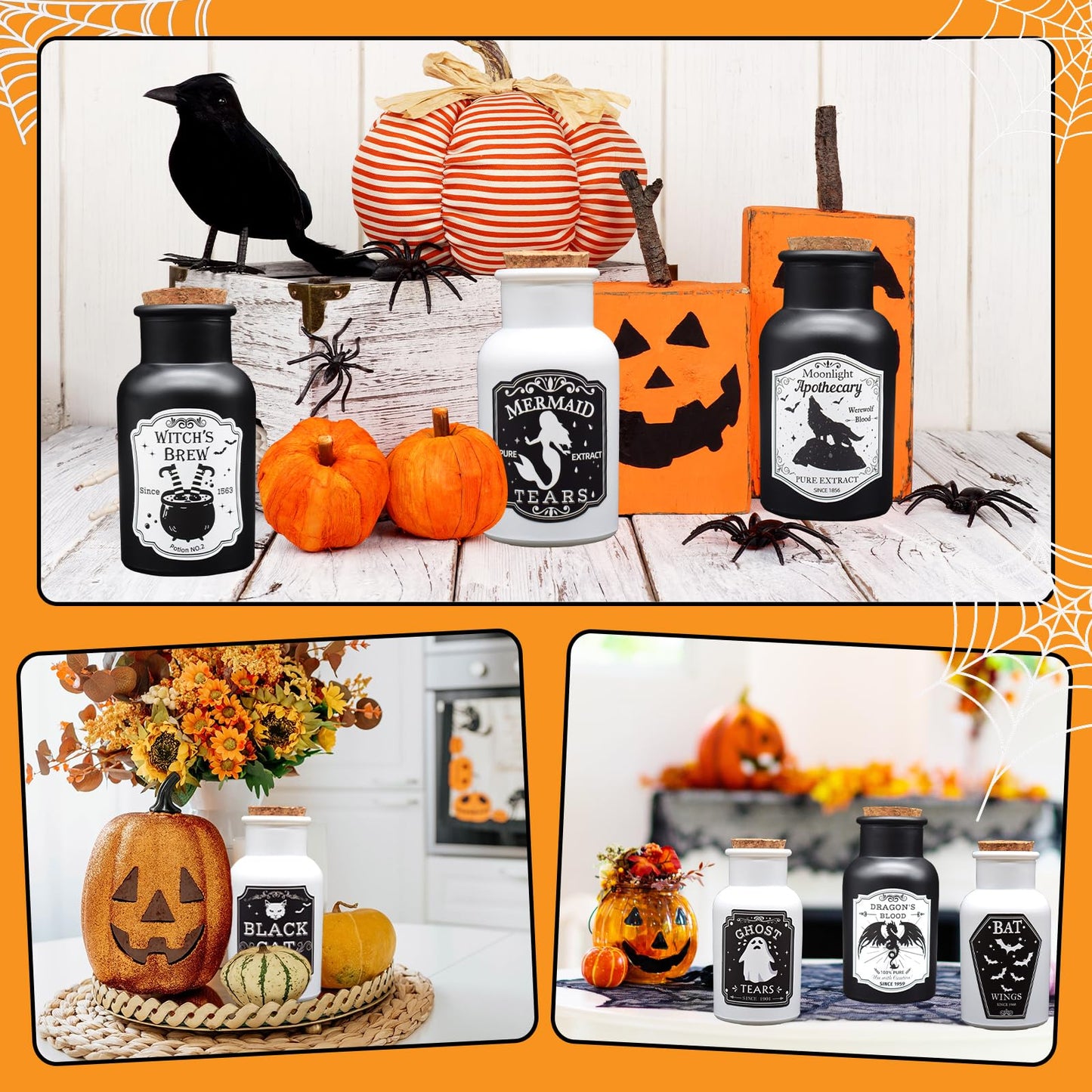 Ainswei Halloween Decorations Indoor, 4 Potion Bottle with Cork, 12PCS Label Halloween Stickers, Black and White Apothecary Glass Bottles, For Tiered Tray Table Home Room Halloween Decor