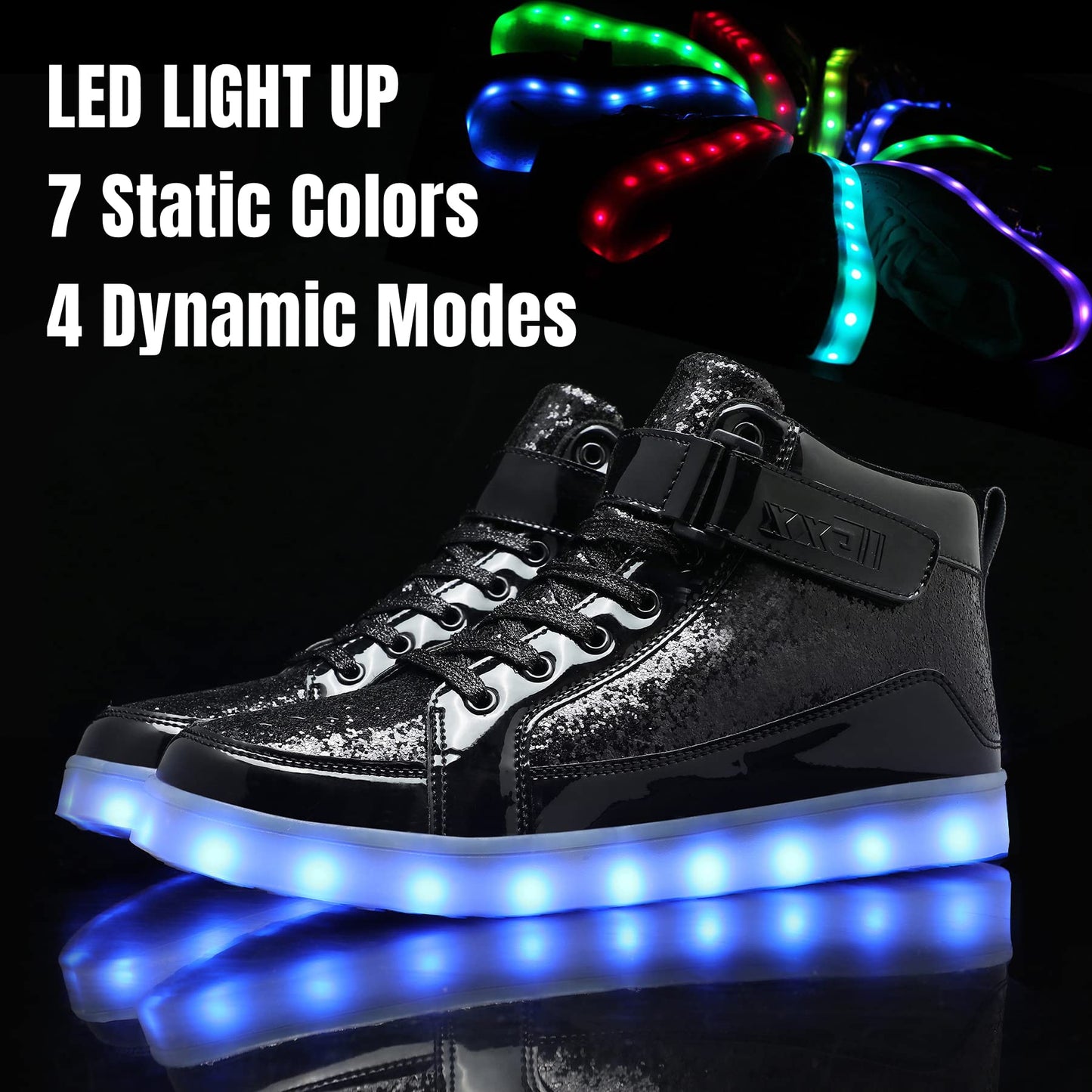 IGxx LED Light Up Shoes for Men USB Recharging High Top Sneakers Women Kids Glitter Black 12