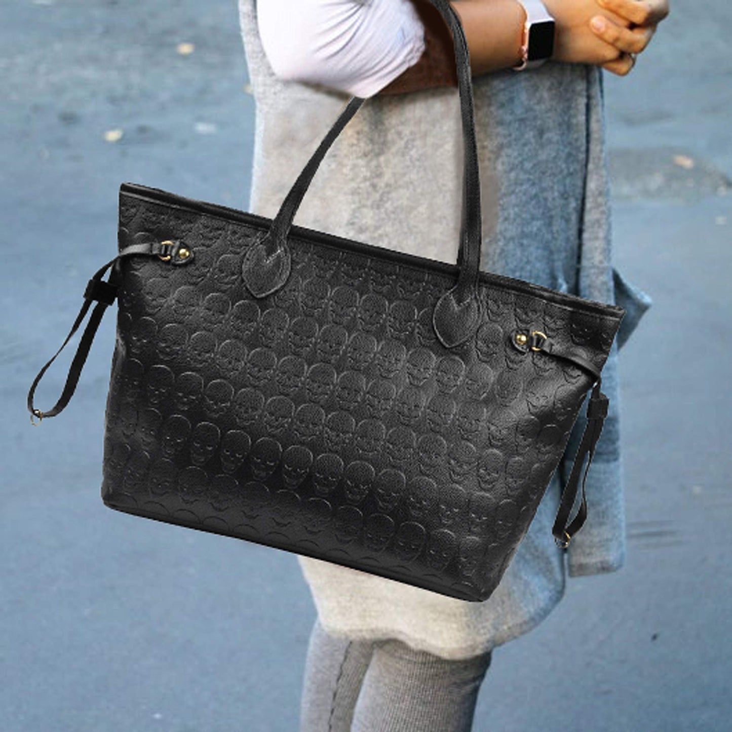 Women Devil Skull Purse Handbags Pu Leather Top-Handle Satchel Shopping Bag with Clutch Purse Black