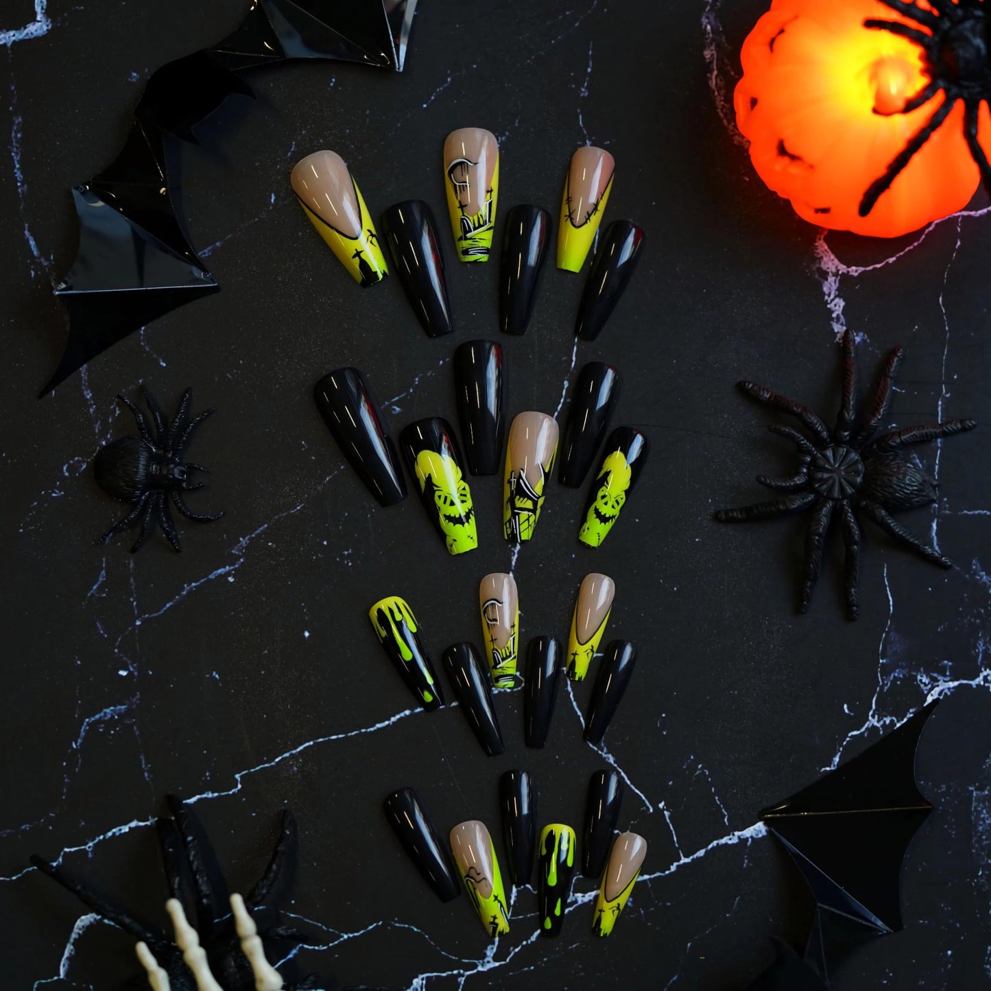 BABALAL Halloween Press on Nails Long Coffin Fake Nail Black Glue ons Green French Tip Ghost Design Acrylic False Nails Ballerina 24Pcs Manicure Full Cover Artificial
